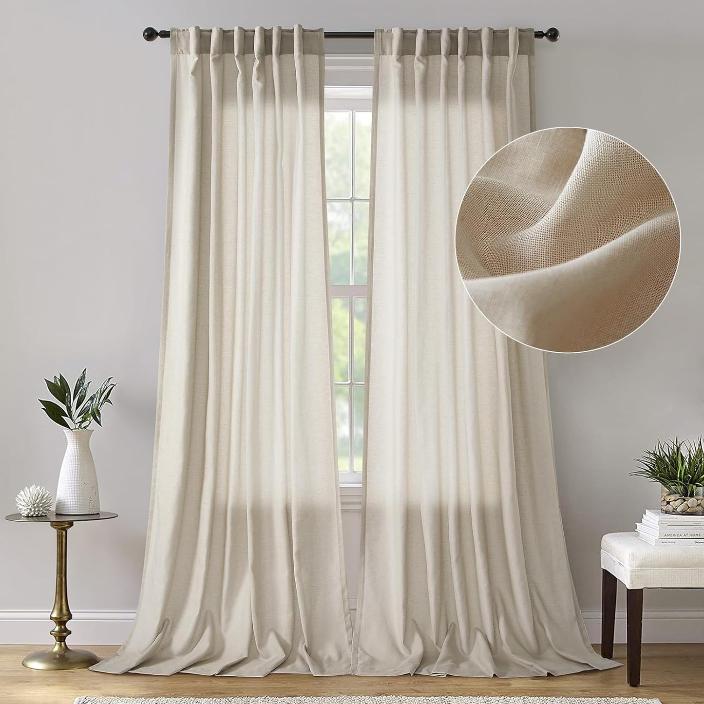 Dreaming Casa 102 Inch Long Curtains Semi Sheer Linen Curtain for Living Room Bedroom 2 Panels Pocket Floor Length Drapes with Back Tab, Natural, W52 X L102  Dreaming Casa Linen Taupe 1 X ( 52" W X 180 "L ) 