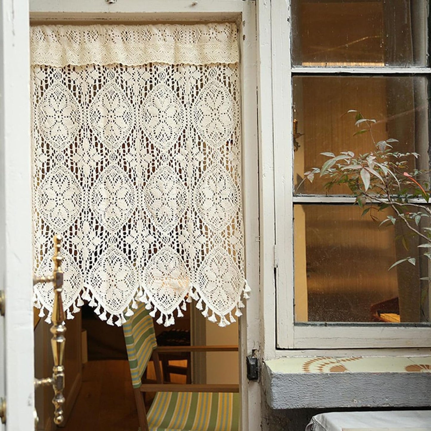 Boho Crochet Curtain Valance for Kitchen Window Retro Rustic Cotton Lace Sheer Short Curtains Farmhouse Vintage Rod Pocket with Tassels for Bathroom Cafe Decor,1 Panel 22"×16"
