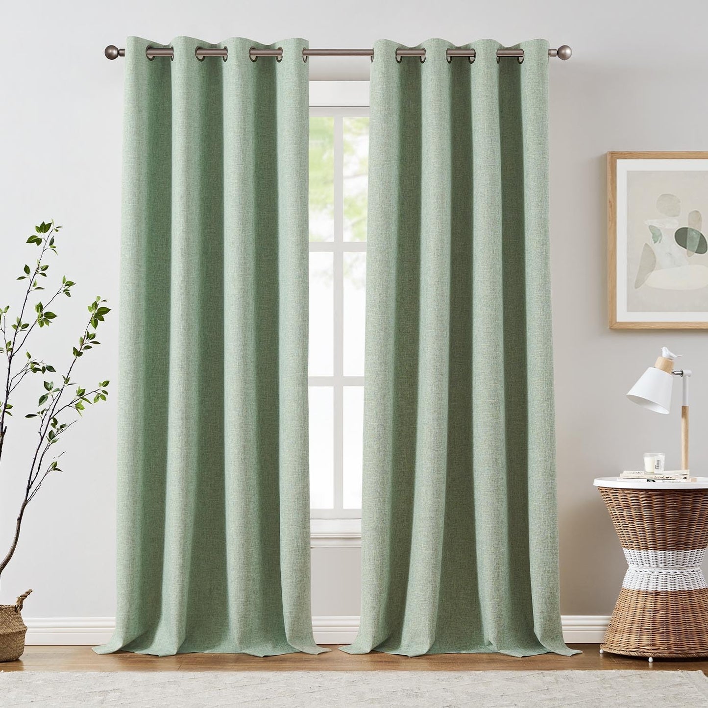 JINCHAN 100% Blackout Curtains for Bedroom, 90 Inch Length Linen Textured Drapes for Living Room, Thermal Insulated Full Light Blocking Curtains, Grommet Top Window Treatments 2 Panels Heathered White  CKNY HOME FASHION Textured | Sage Green W50 X L108 