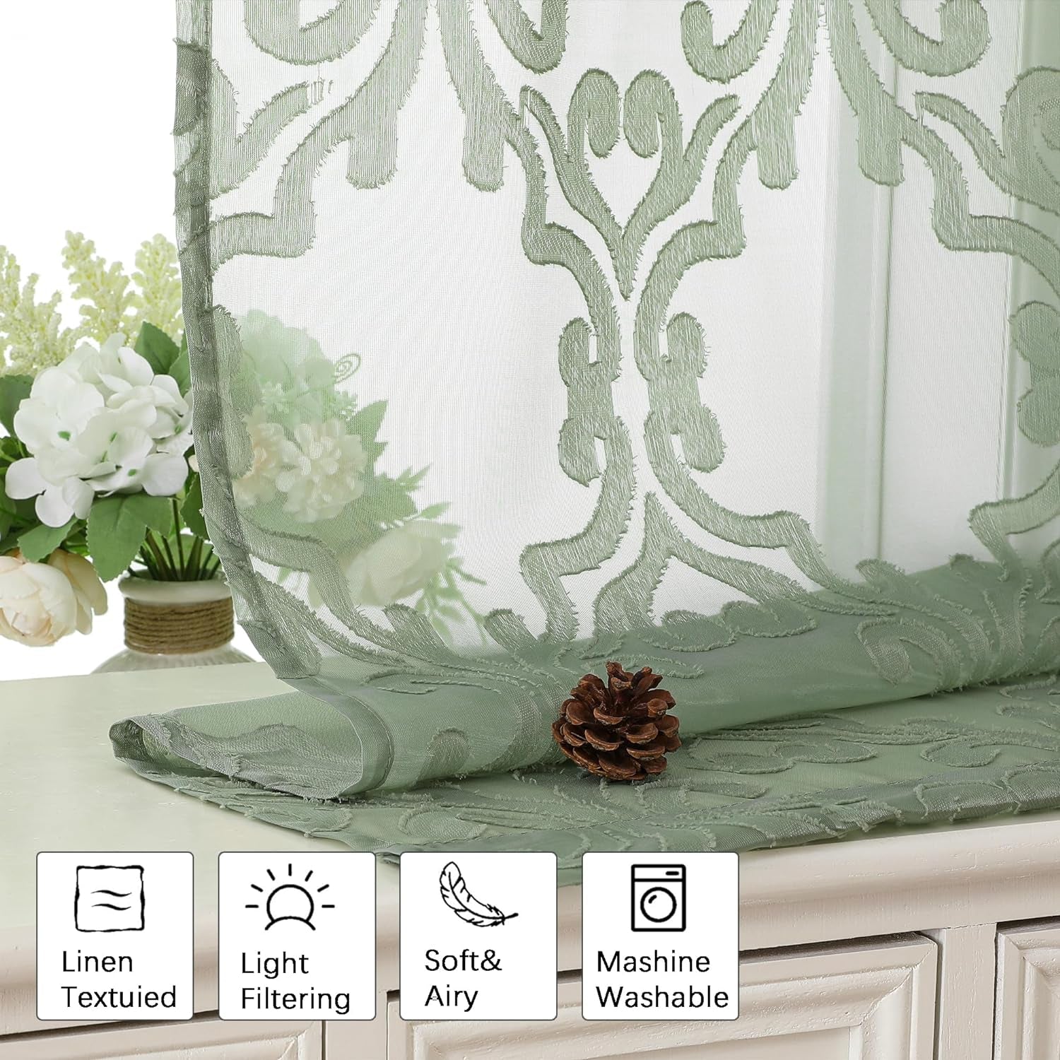 Aiyufeng Suri 2 Panels Sheer Sage Green Curtains 63 Inches Long, Light & Airy Privacy Textured Sheer Drapes, Dual Rod Pocket Voile Clipped Floral Luxury Panels for Bedroom Living Room, 42 X 63 Inch  Aiyufeng   