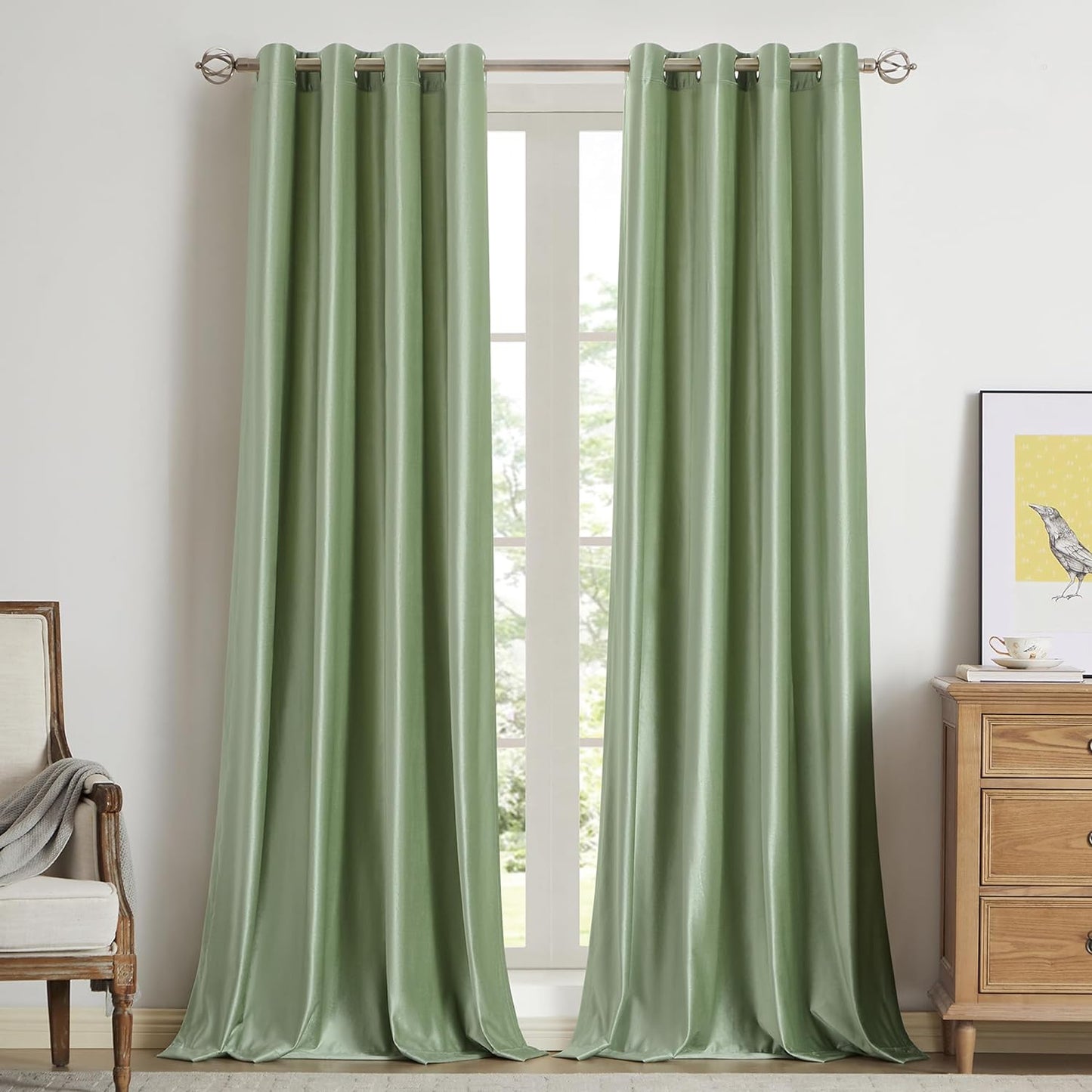 BULBUL Living Room Velvet Window Curtains 84 Inch Length- 2 Panels Hot Pink Blackout Window Drapes Curtains Thermal Insulated Room Darkening Decor Grommet Curtains for Bedroom  BULBUL Sage Green 52"W X 108"L 