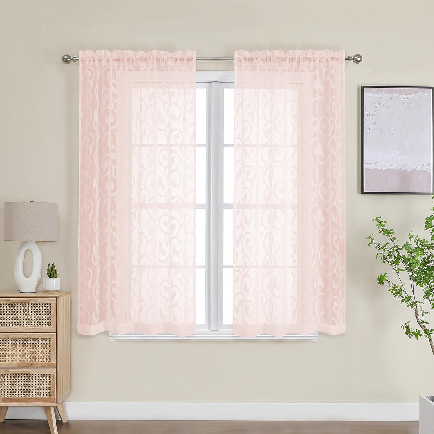 OWENIE Furman Sheer Curtains 84 Inches Long for Bedroom Living Room 2 Panels Set, Light Filtering Window Curtains, Semi Transparent Voile Top Dual Rod Pocket, Grey, 40Wx84L Inch, Total 84 Inches Width  OWENIE Blush 40W X 45L 