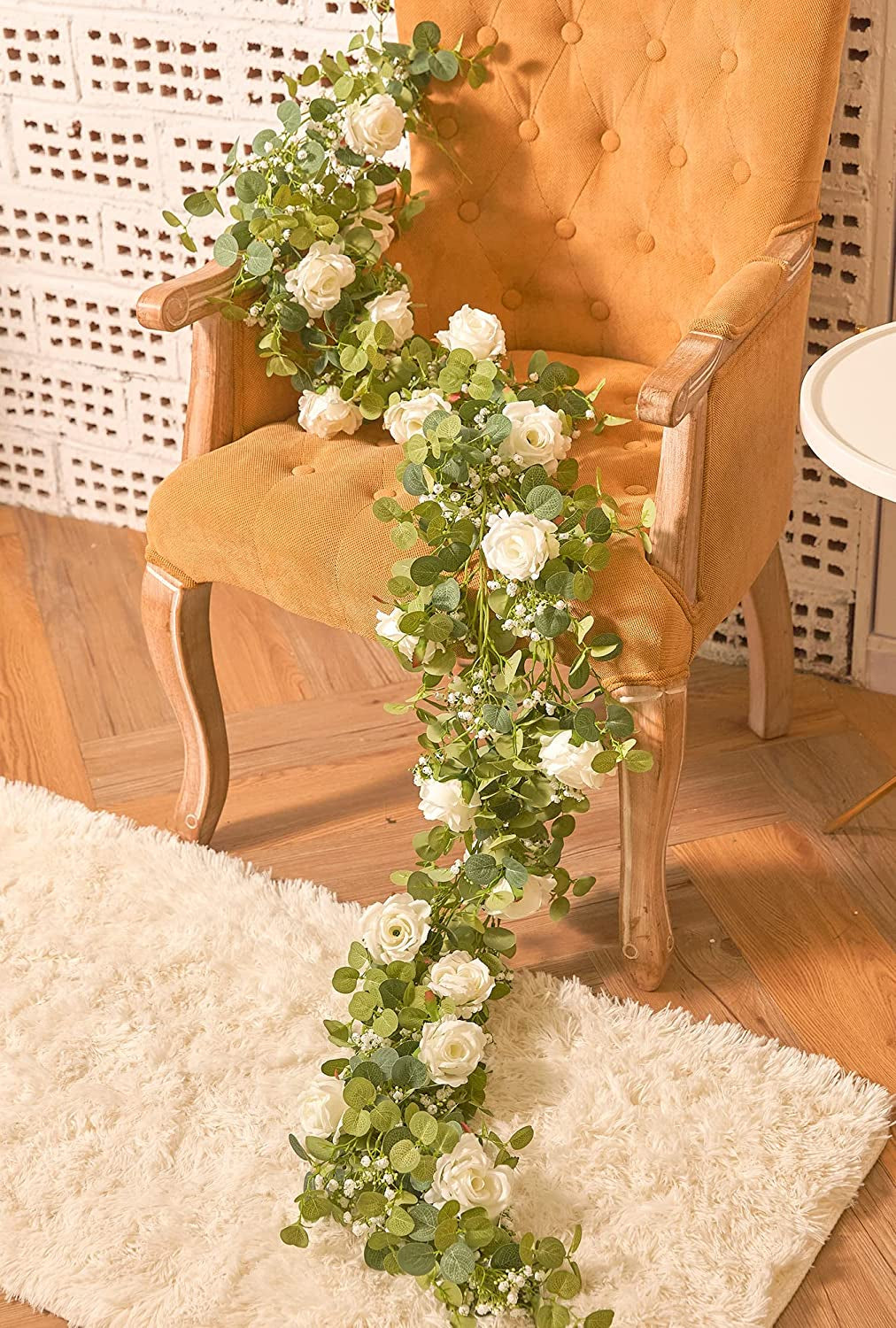 Anna'S Whimsy 5.91FT Artificial Eucalyptus Garland with Flowers, Fake Rose Gypsophila Garland, Faux Floral Garland Greenery Garland for Wedding Spring Home Party Craft Art Table Runner Decor