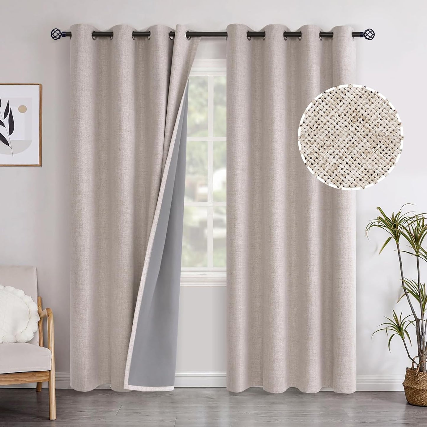 Youngstex Linen Blackout Curtains 63 Inch Length, Grommet Darkening Bedroom Curtains Burlap Linen Window Drapes Thermal Insulated for Basement Summer Heat, 2 Panels, 52 X 63 Inch, Beige  YoungsTex Beige 52W X 90L 