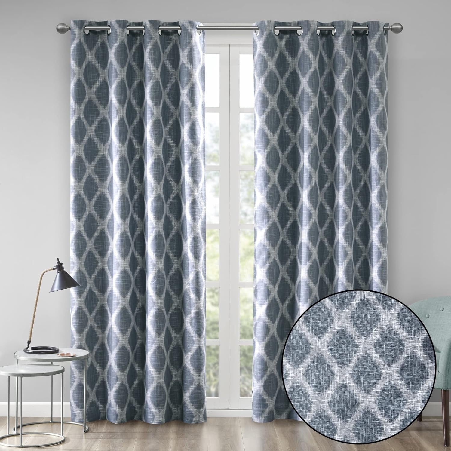 Sun Smart Blakesly Blackout Curtains Patio Window, Ikat Print, Grommet Top Living Room Decor, Living Room Decor, Thermal Insulated Light Blocking Drape for Bedroom and Apartments, 50" X 84", Grey  E&E Co. Ltd DBA JLA Home Navy 84"X50" 