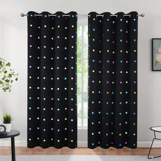 Black Blackout Curtains for Bedroom Living-Room Holiday Season Metallic Polka Dots Pattern Curtains for Nursery 52 X 95 Inch Grommet Triple Weave Thermal Insulated Draperies for Kids Bedroom, 2Pcs  Urban Lotus Multi/Black 52"X95" 