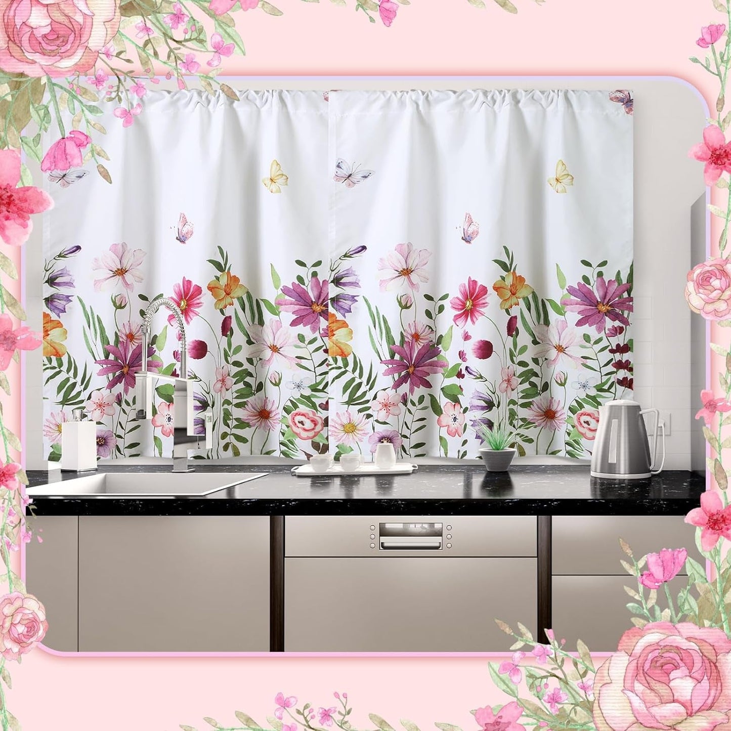 3 Piece Floral Kitchen Curtain Sets with Valance Spring Kitchen Curtains Polyester Kitchen Cafe Curtains Summer Farmhouse Kitchen Door Curtains Spring Home Decor for Kitchen