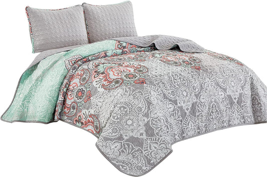 3-Piece Fine Printed King Size Quilt Set, All-Season Bedspread, Bisgu Coverlet with Pillow Shams Bed Cover (Green, Orange, Brown, Grey, Paisley)