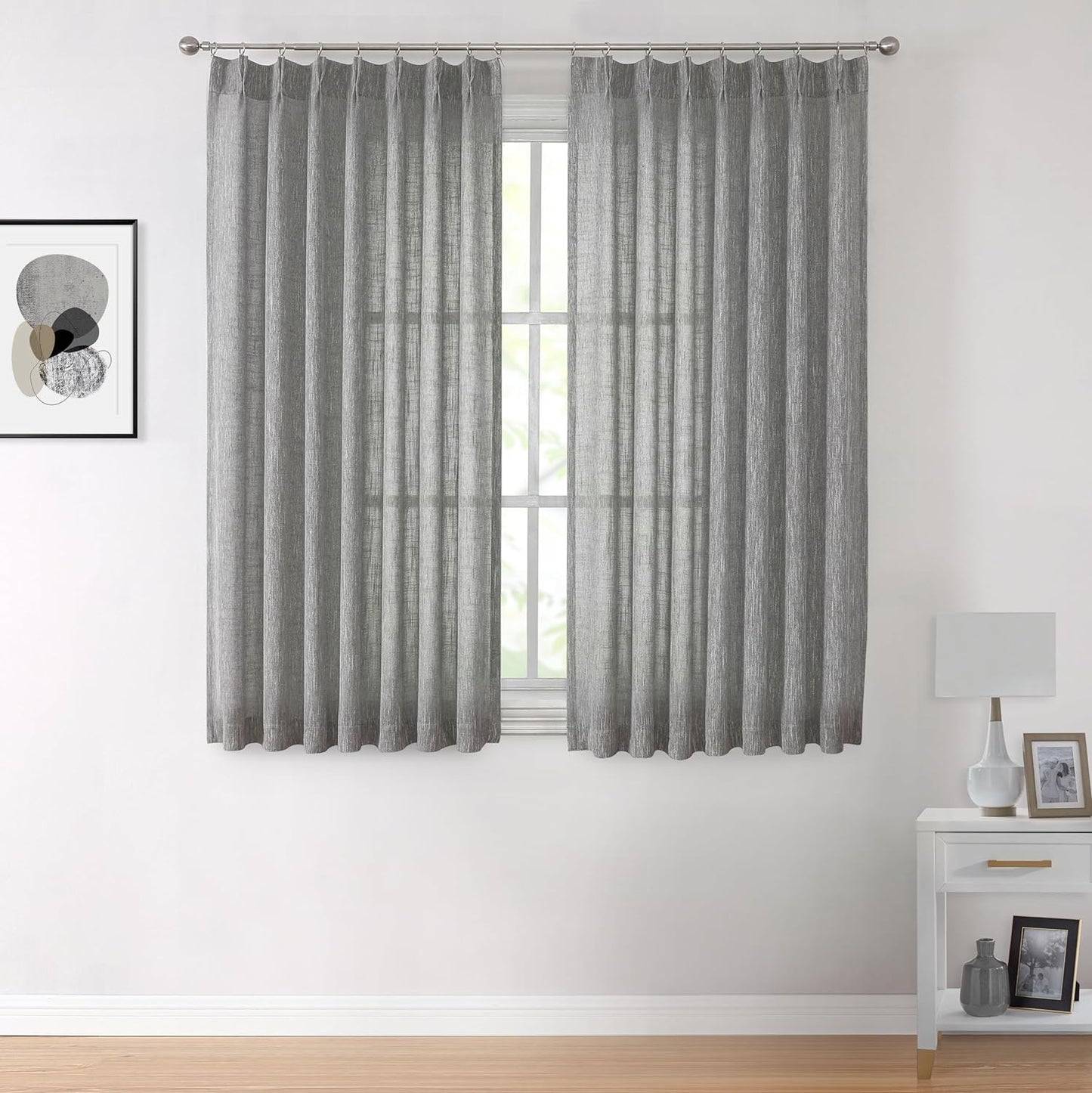 Vision Home Natural Pinch Pleated Semi Sheer Curtains Textured Linen Blended Light Filtering Window Curtains 84 Inch for Living Room Bedroom Pinch Pleat Drapes with Hooks 2 Panels 42" Wx84 L  Vision Home Charcoal Grey/Pinch 40"X63"X2 