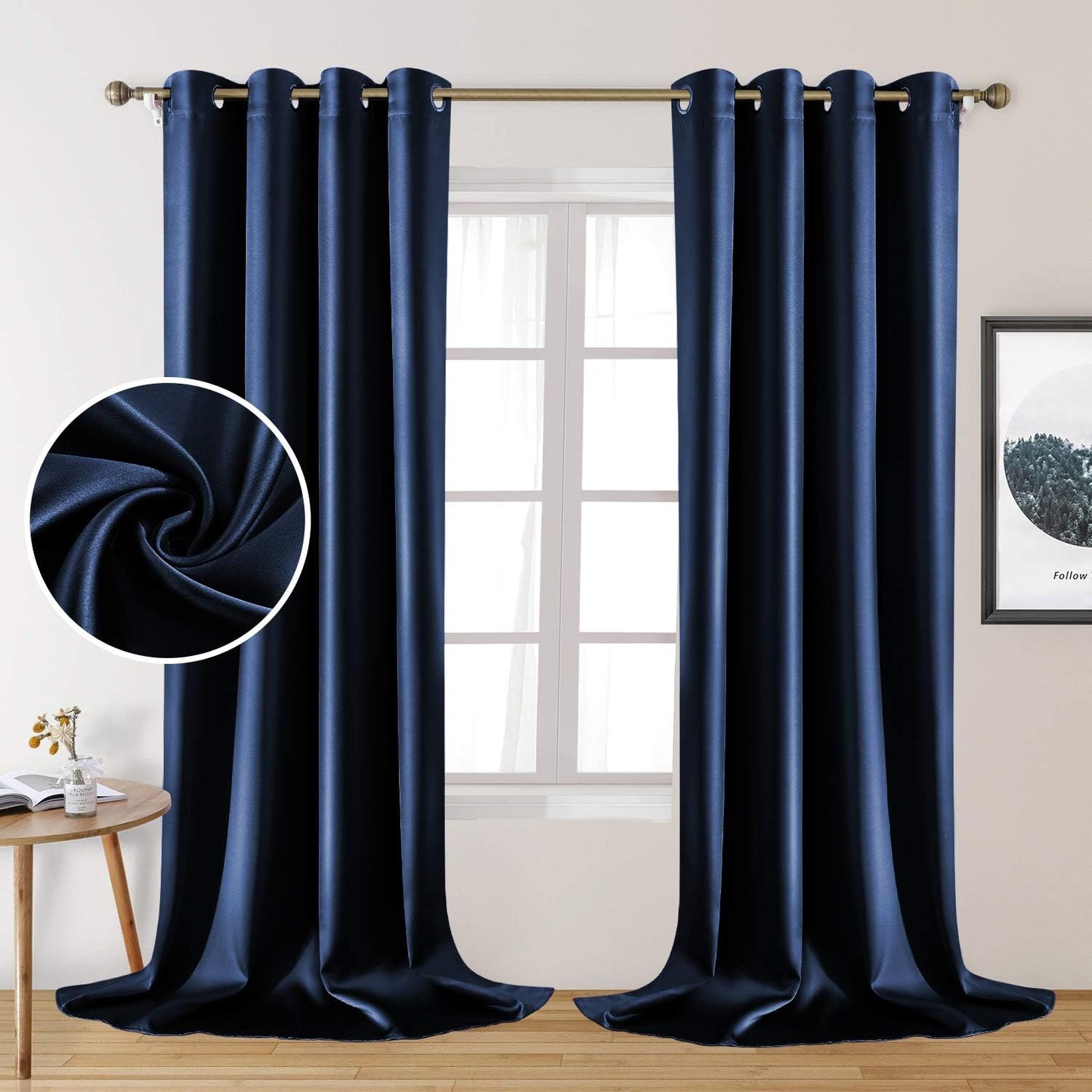 HOMEIDEAS Gold Blackout Curtains, Faux Silk for Bedroom 52 X 84 Inch Room Darkening Satin Thermal Insulated Drapes for Window, Indoor, Living Room, 2 Panels  HOMEIDEAS Navy Blue 52" X 108" 