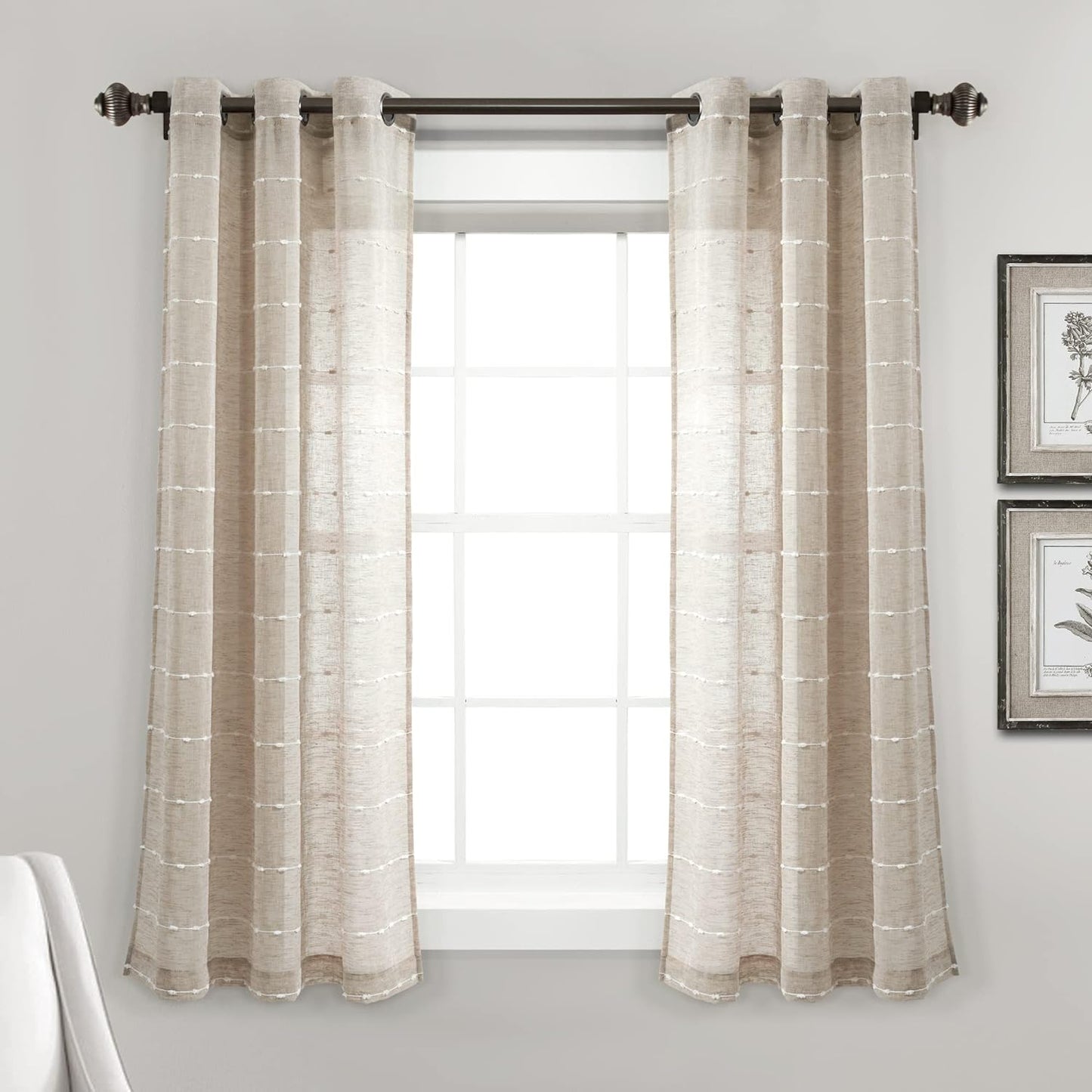 Lush Decor Farmhouse Textured Grommet Sheer Window Curtain Panel Pair, 38"W X 95"L, Gray  Triangle Home Fashions Neutral Grommet Pair 38"W X 63"L