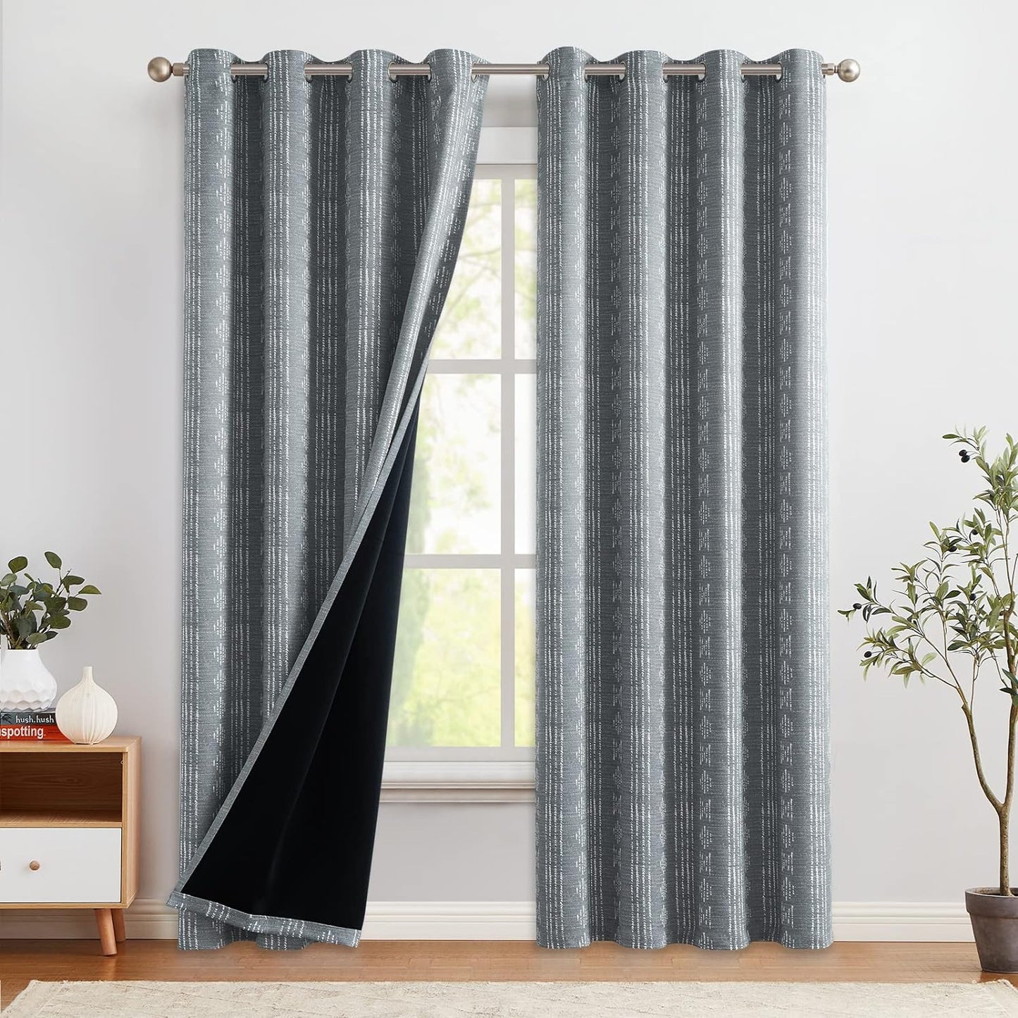 COLLACT 100% Boho Blackout Curtains for Bedroom 84 Inch Length Black on Beige Geometric Stripe Pattern Curtains for Living Room Thermal Insulated Room Darkening Drapes Grommet Window Curtains 2 Panels  COLLACT A2 | Grey W52 X L84 