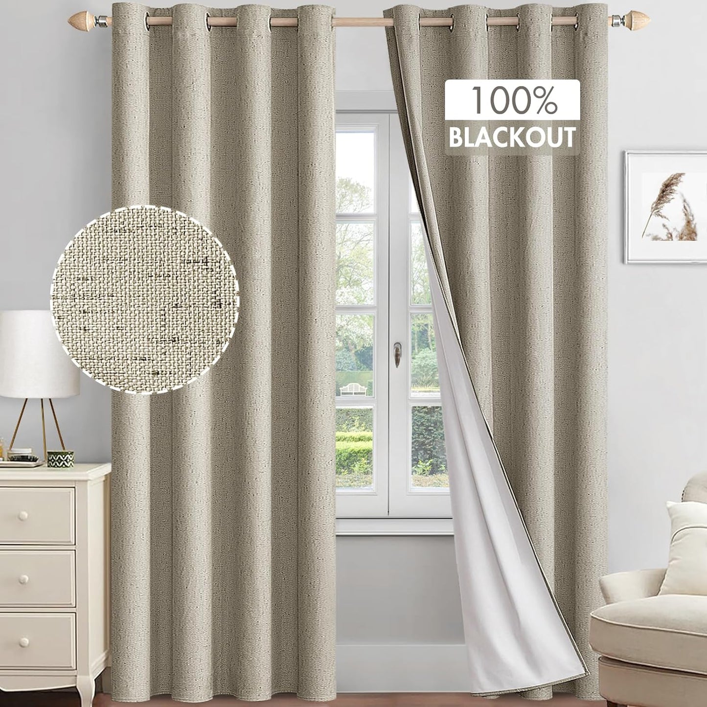 MIULEE Linen Textured 100% Blackout Curtains for Bedroom 84 Inches Long Natural Beige Thermal Insulated Black Out Curtains/Draperies with White Liner for Living Room/Nursery, Grommet Top, 2 Panels  MIULEE Stone W52Xl90 