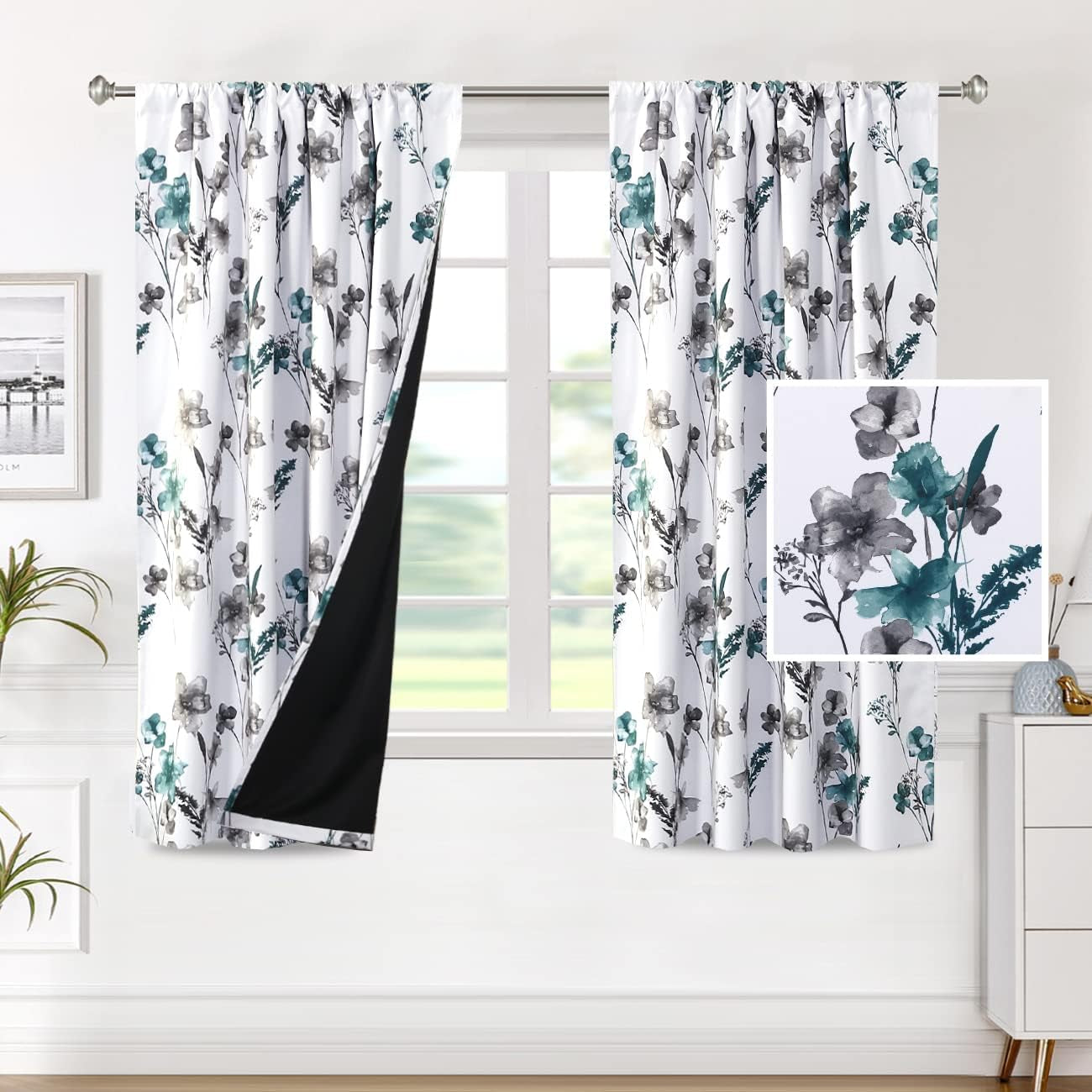 H.VERSAILTEX 100% Blackout Curtains for Bedroom Cattleya Floral Printed Drapes 84 Inches Long Leah Floral Pattern Full Light Blocking Drapes with Black Liner Rod Pocket 2 Panels, Navy/Taupe  H.VERSAILTEX Grey/Teal 52"W X 63"L 