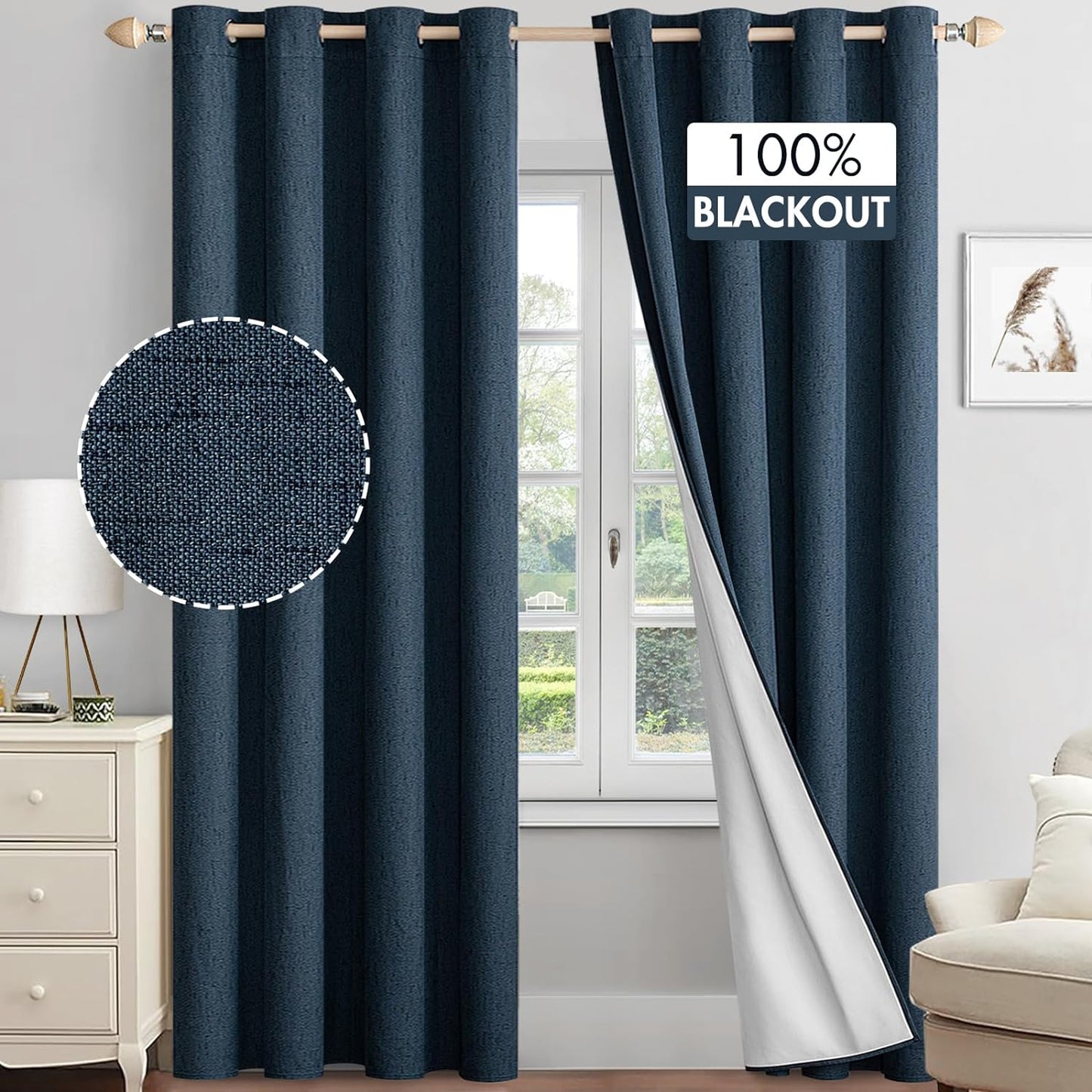 MIULEE Linen Textured 100% Blackout Curtains for Bedroom 84 Inches Long Natural Beige Thermal Insulated Black Out Curtains/Draperies with White Liner for Living Room/Nursery, Grommet Top, 2 Panels  MIULEE Navy W52Xl90 