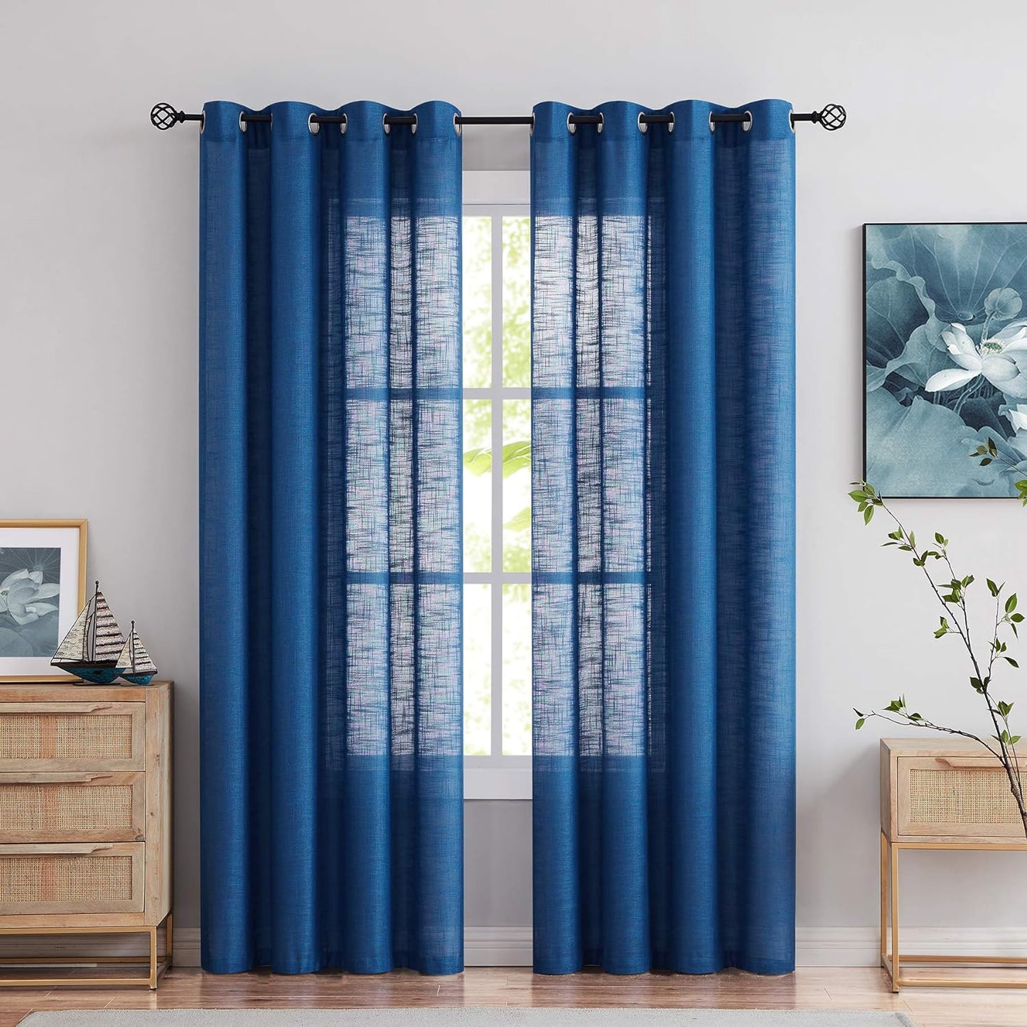 FMFUNCTEX Natural Semi-Sheer Curtains for Living Room Rich Linen Textured Look Window Curtain Draperies 52”W X63”L 2 Panels Grommet Top  Fmfunctex Blue 52" X 84" 2Pcs 