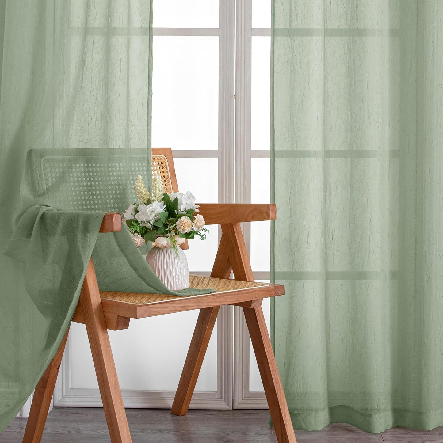 Chyhomenyc Crushed White Sheer Valances for Window 14 Inch Length 2 PCS, Crinkle Voile Short Kitchen Curtains with Dual Rod Pockets，Gauzy Bedroom Curtain Valance，Each 42Wx14L Inches  Chyhomenyc Sage Green 42 W X 72 L 