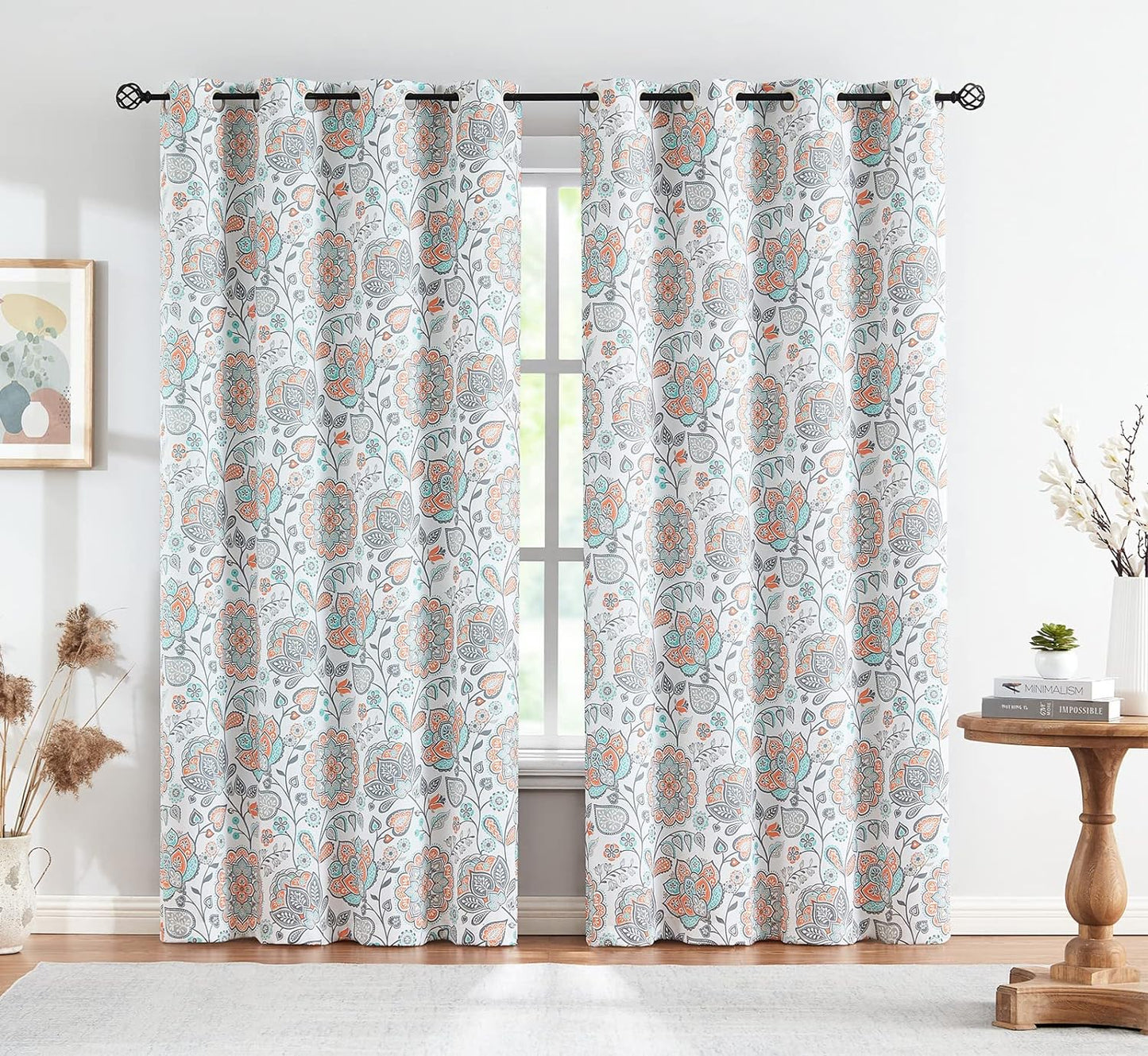 White Grey Blackout Curtains for Bedroom 84 Inch Length Floral Printed Living Room Curtain Panels for Farmhouse Décor Blossom Thermal Energy Efficient Light Blocking Window Curtain 50"W 2Pcs  Fmfunctex Jacobean/ Orange 50"W X 84"L 2Pcs 
