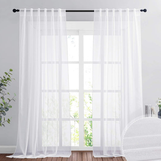 NICETOWN White Semi Sheer Curtains for Living Room- Linen Texture Light Airy Drapes, Rod Pocket & Back Tab Design Voile Panels for Large Window, Set of 2, 55 X 108 Inch  NICETOWN White W55 X L108 
