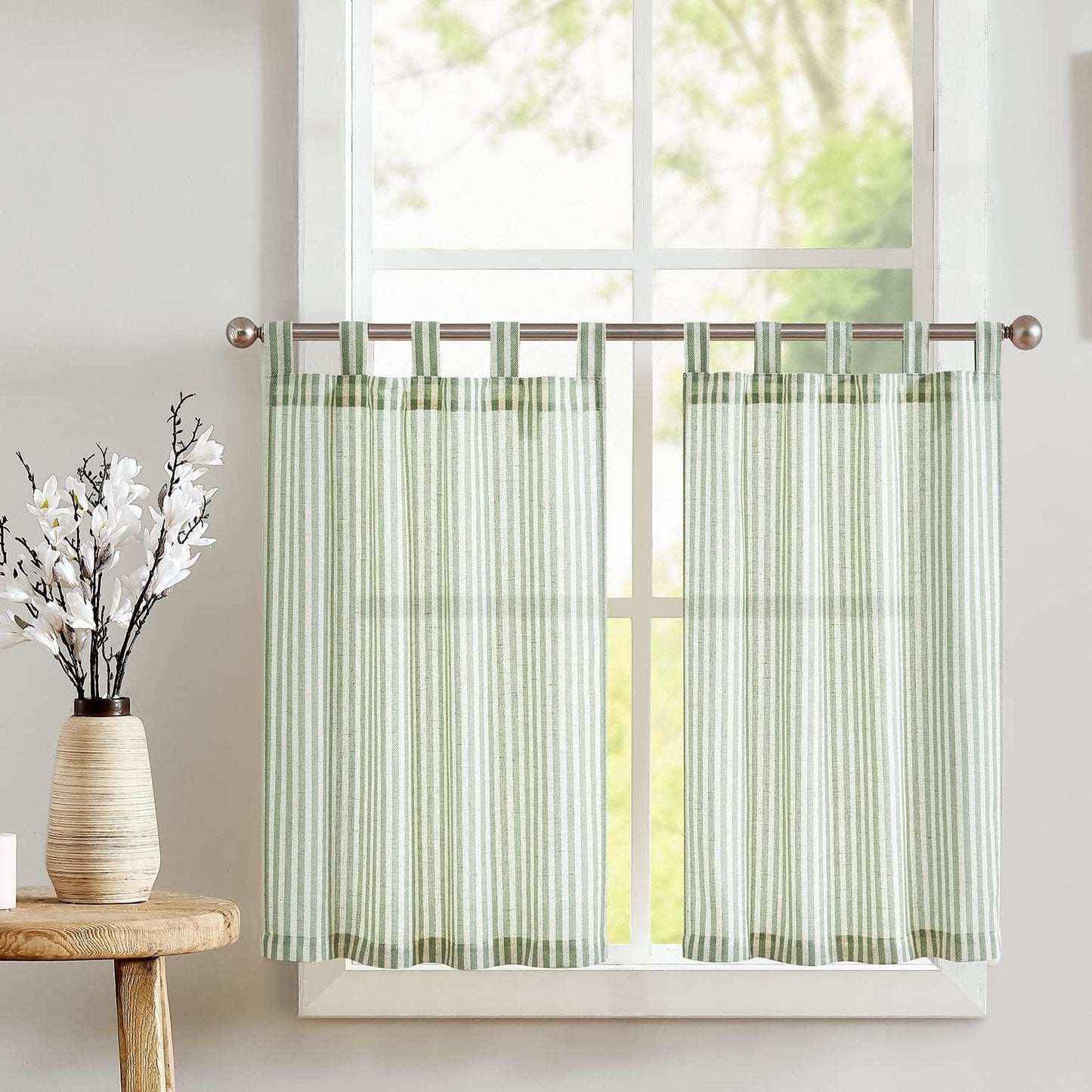 Jinchan Kitchen Curtains Striped Tier Curtains Ticking Stripe Linen Curtains Pinstripe Cafe Curtains 24 Inch Length for Living Room Bathroom Farmhouse Curtains Rod Pocket 2 Panels Black on Beige  CKNY HOME FASHION Tab Top Striped Sage Green W26 X L36 