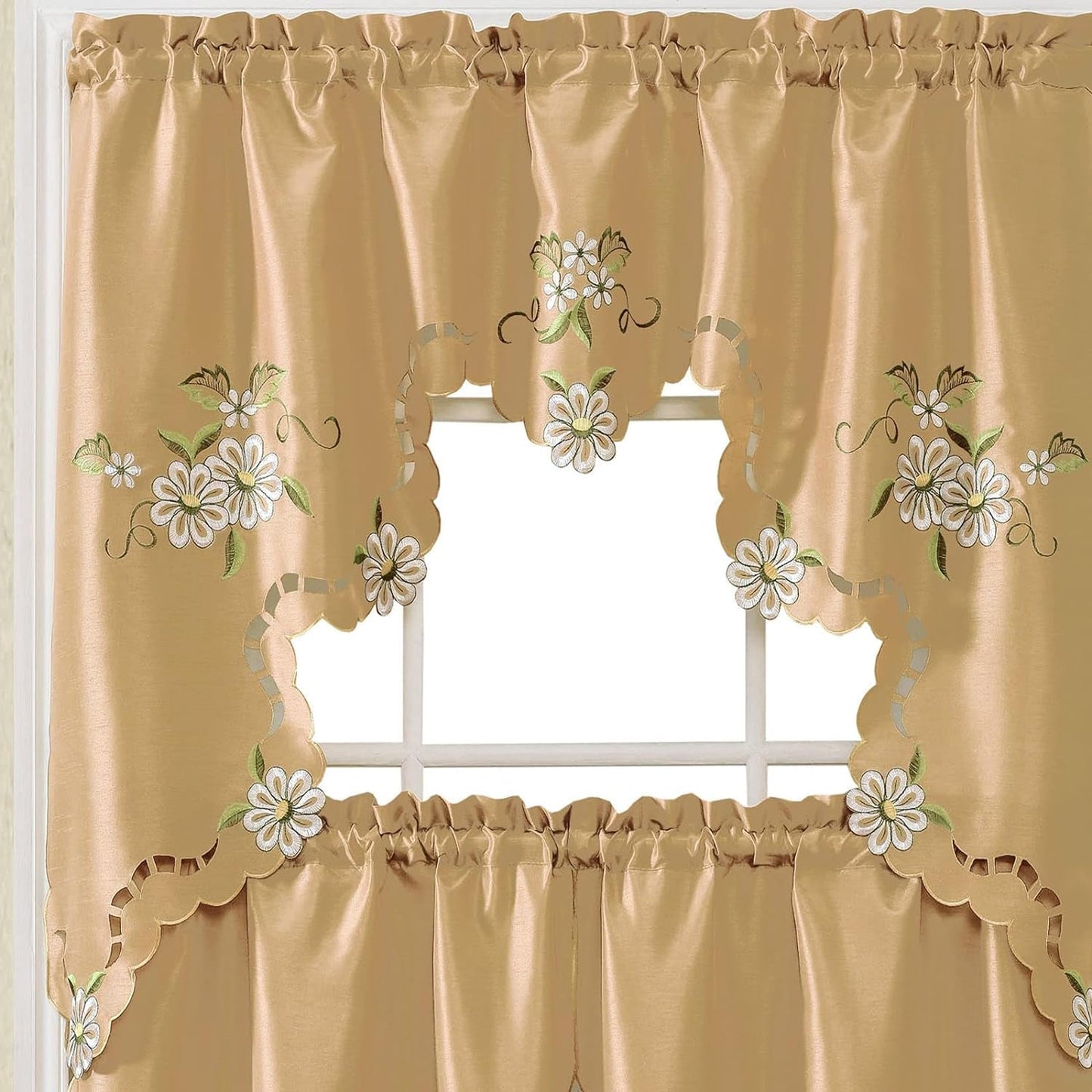 GOHD Cutwork Floral. Kitchen Curtain Set. Swag Valance and Tier Set. Nice Embroidery on Faux Silk Fabric with Cutworks. (Grey)