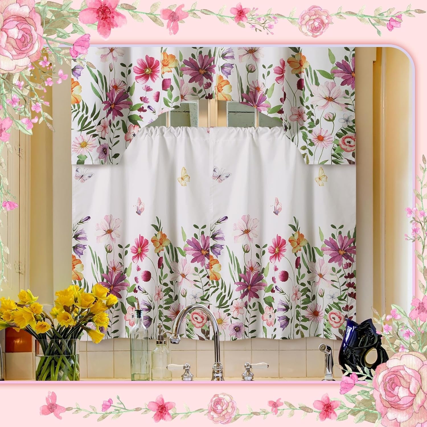3 Piece Floral Kitchen Curtain Sets with Valance Spring Kitchen Curtains Polyester Kitchen Cafe Curtains Summer Farmhouse Kitchen Door Curtains Spring Home Decor for Kitchen