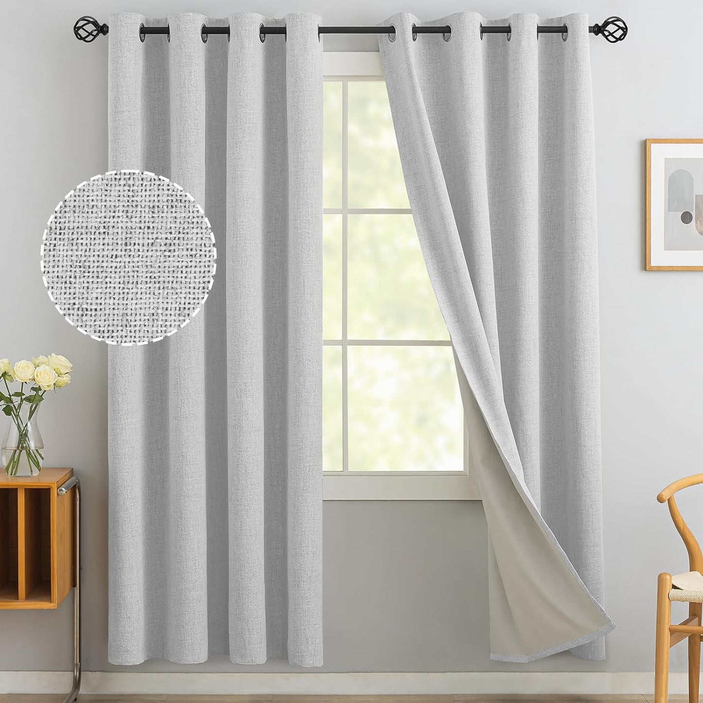 Yakamok Natural Linen Curtains 100% Blackout 84 Inches Long,Room Darkening Textured Curtains for Living Room Thermal Grommet Bedroom Curtains 2 Panels with Greyish White Liner  Yakamok White 52W X 72L / 2 Panels 