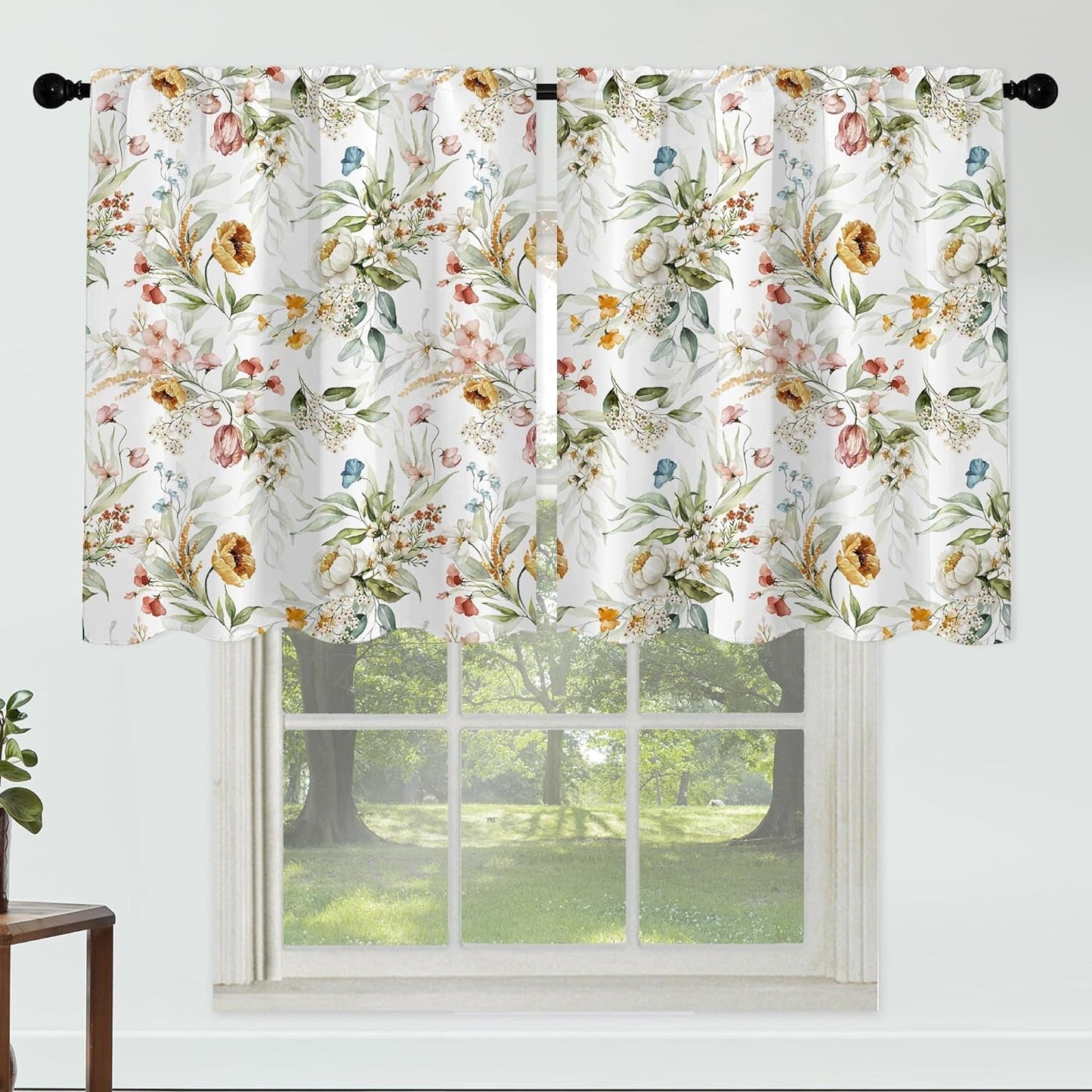 Floral Leaves Curtain for Kitchen Bathroom Watercolour Pink Flower Rod Pocket Window Tier Curtains Valance Set 3 Pcs Plant Printed Curtains 54 X 18 Inches + 27 X 36 Inches *2