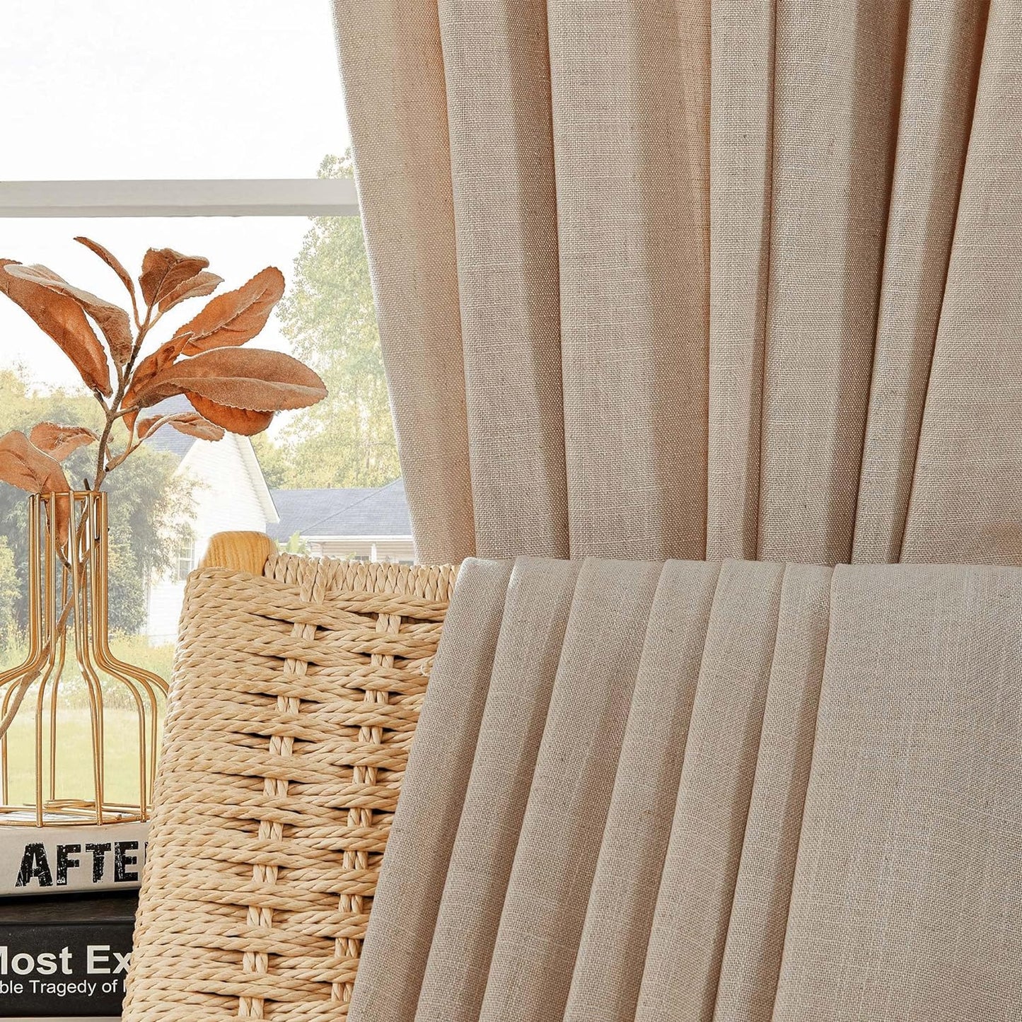 Joydeco Linen Curtains for Living Room,Light Filtering Rod Pocket Back Tab Semi Sheer Drapes Window Long Curtains 90 Inches Long Sheer Bliss  Joydeco   