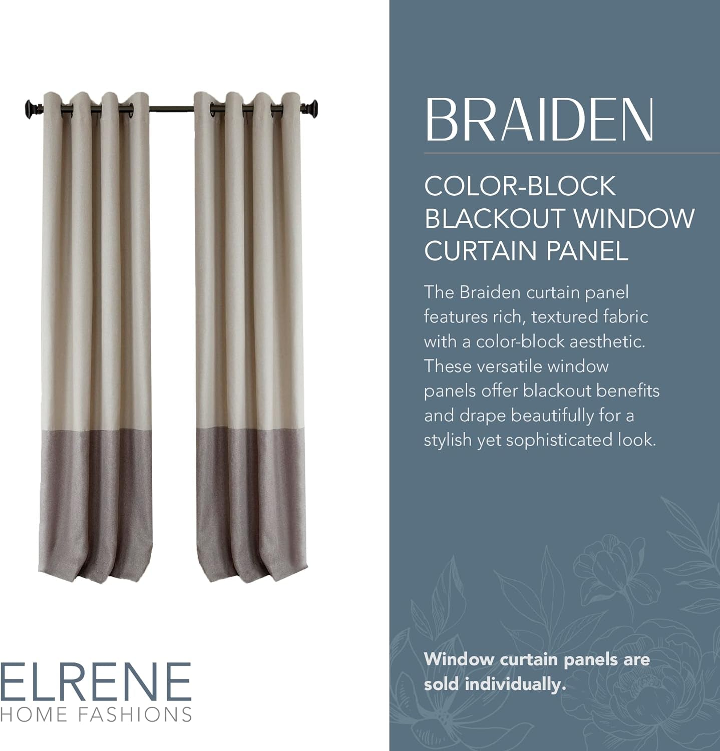 Elrene Home Fashions Braiden Color-Block Blackout Window Curtain, Single Panel, 52 in X 84 in (1 Panel), Linen  Elrene Home Fashions   