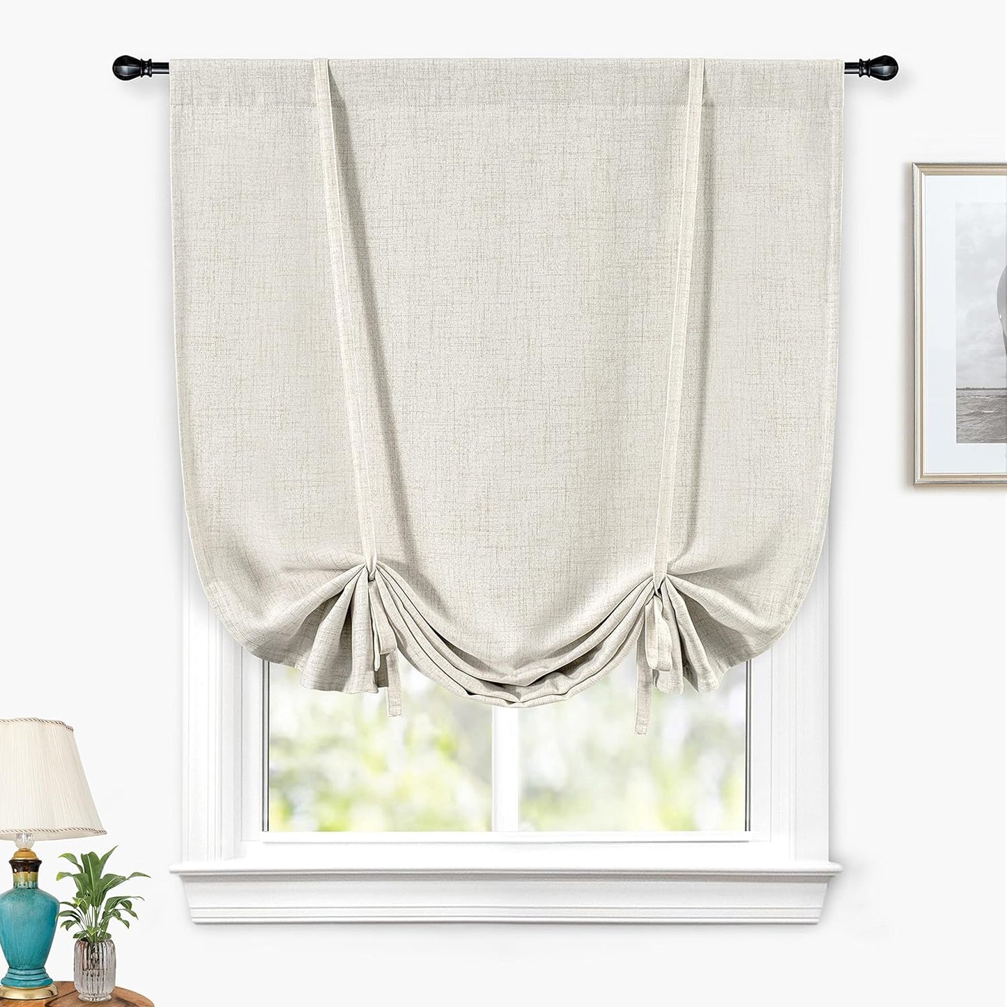 Driftaway Blackout Linen Textured Solid Basic Room Darkening Thermal Insulated Tie up Adjustable Balloon Rod Pocket Linen Curtains for Small Window 25 Inch by 47 Inch Light Linen  DriftAway Light Linen 39"X55" 