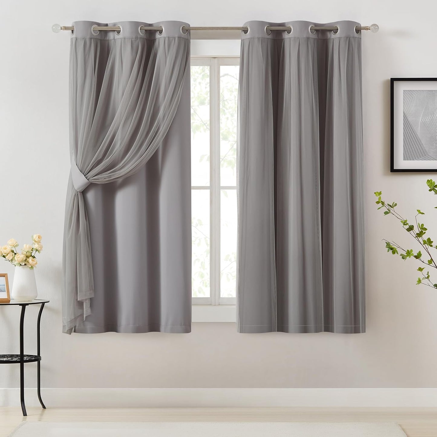 Bujasso Beige 90% Blackout Curtains with Sheer Overlay Mix and Match Double Layer Thermal Insulated Window Panels 84 Inch for Living Room Bedroom Beige Drapes with Tiebacks Grommet Top 37" Wx84 Lx2  Bujasso Grey 37"Wx63"Lx2 