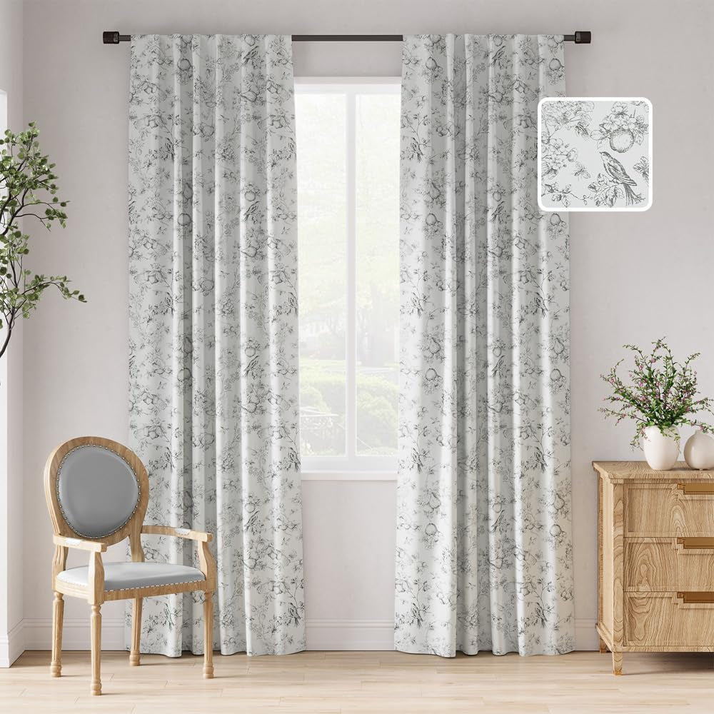 Jinchan 100% Blackout Floral Curtains 63 Inch Length, Printed Flower Blue Blackout Curtains for Bedroom Rod Pocket Back Tab Full Blackout Curtains Thermal Insulated Window Drapes, 2 Panels Blue  CKNY HOME FASHION Grey W52 X L84 