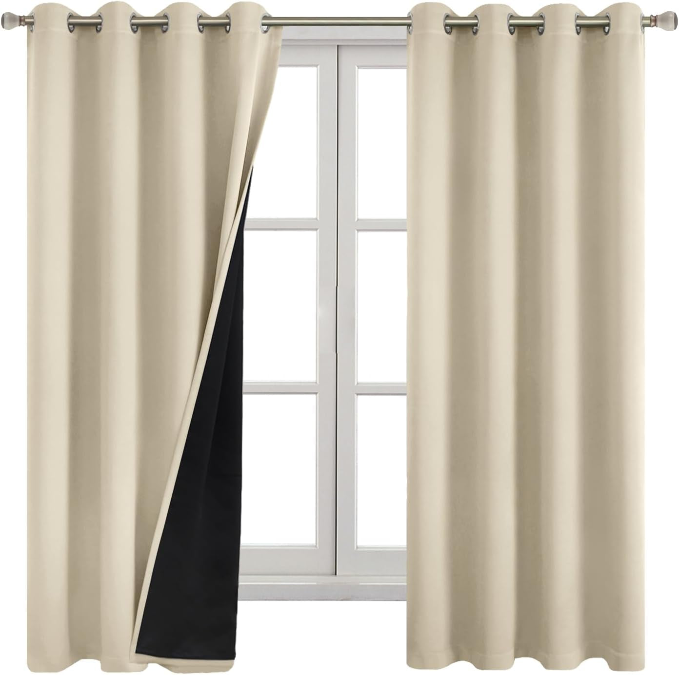 QUEMAS Short Blackout Curtains 54 Inch Length 2 Panels, 100% Light Blocking Thermal Insulated Soundproof Grommet Small Window Curtains for Bedroom Basement with Black Liner, Each 42 Inch Wide, White  QUEMAS Beige + Black Lining W52 X L72 