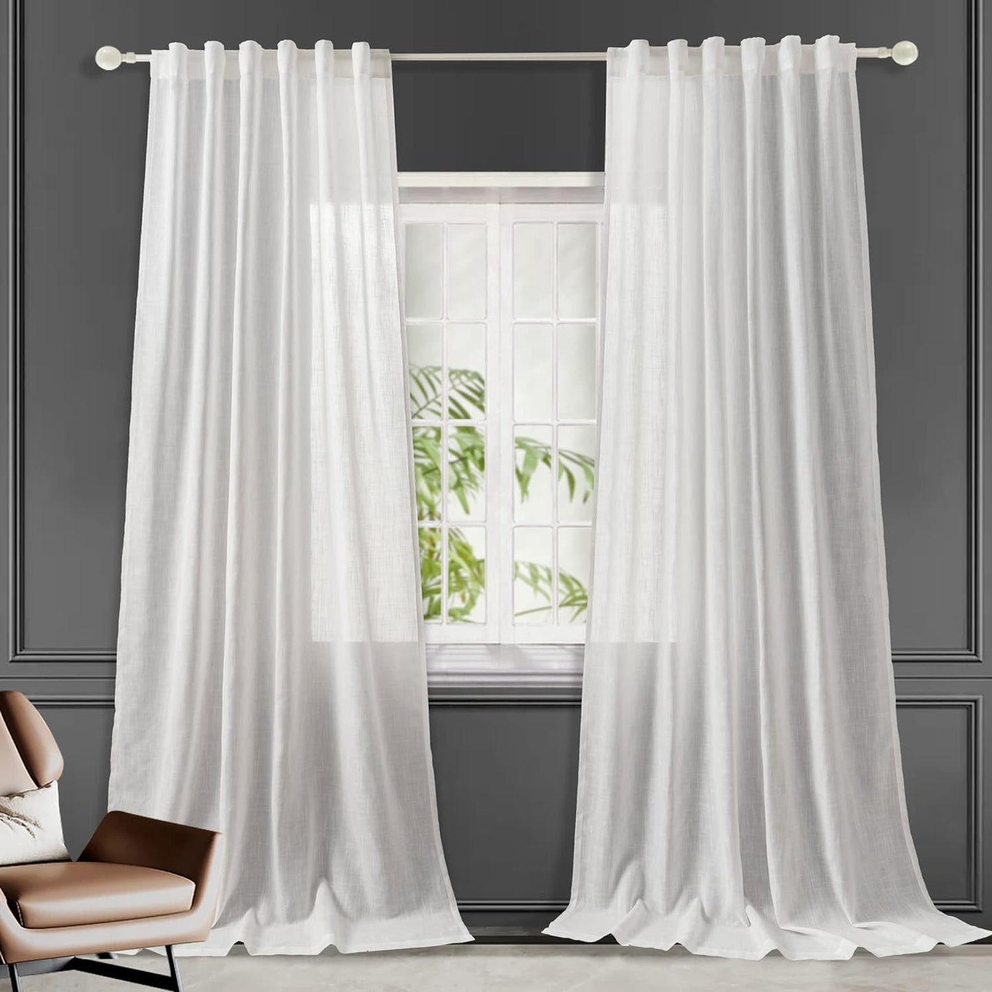 Pure White Linen Curtains 84 Inch Long Back Tab Loop Pocket Drape Cotton Textured Curtains 2 Panels Set Light Filtering Semi Sheer Linen Curtain for Living Room Bedroom Farmhouse 52X84  Hoydumuia White 52"X84" 