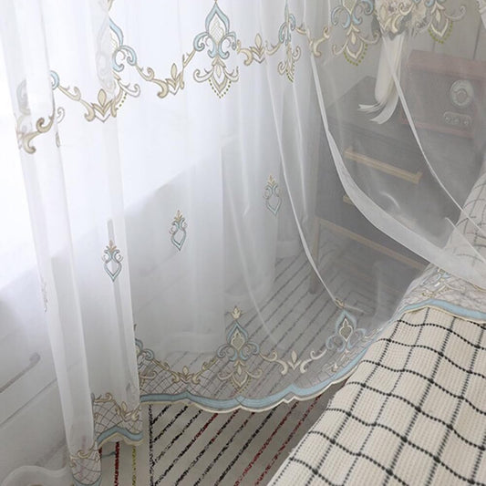 Embroidery Sheer Curtains W100 X L96 Inches Length 2 Panels Pinch Pleated Embroidered Light Filtering Floral Semi Sheer Voile Window Curtains/Drapes Scalloped Bottombedroom Living Room Slidin  AZIMUZIXI Blue W39 X L96 Inch 