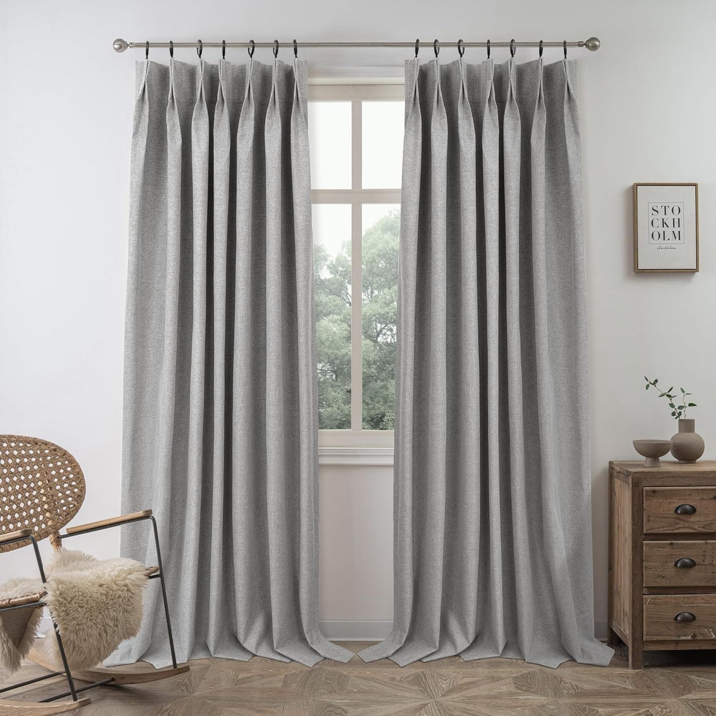 Driftaway 100% Blackout Natural Linen Curtains for Bedroom 96 Inches Long Double Layer Drape Farmhouse Thermal Insulated 3 Inch Rod Pocket Back Tab Full Light Blocking 2 Panels for Living Room Nursery  DriftAway Pinch Pleat Light Gray 52"X84" 