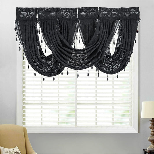 ABREEZE Waterfall Valance Sheer Curtains,Black Lace Floral Luxury Beaded Valance Sheer Window Curtain with Tassel Rod Pocket Valance Drapes,57W X 37L Inch,1 Panel