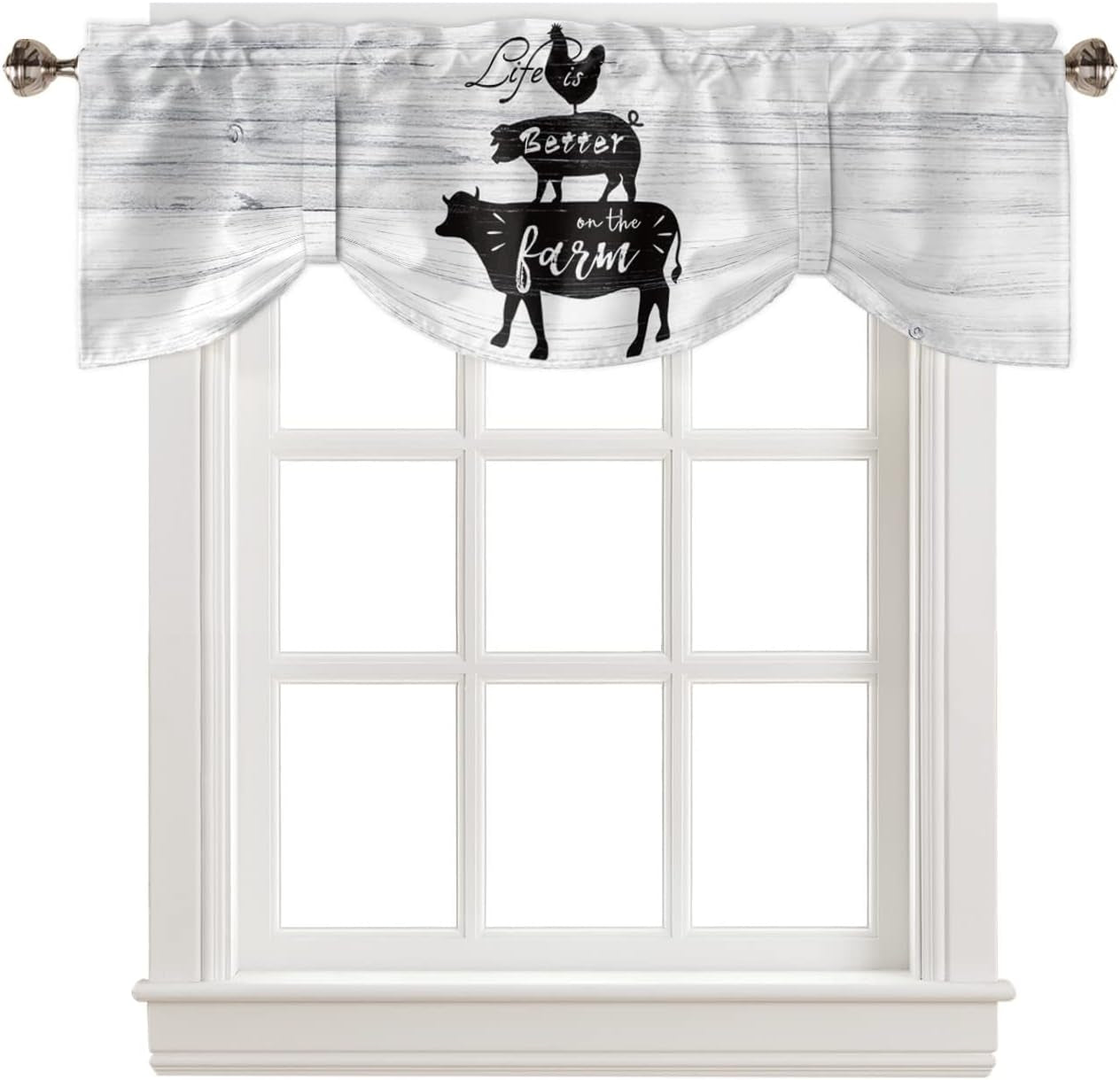 Farm Animal Cow Pig Cock Stacked Tie up Valance Curtain for Kitchen-Small Window Shade Valances Adjustable Rod Pocket Windows Treatment for Bedroom Bathroom Decor Rustic Wooden Board,1 Panel 42X18In