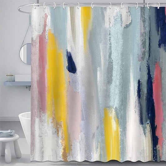 Blue Abstract Shower Curtain Oil Painting Aesthetic Stripe Bath Curtain Modern Art Graffiti Pattern Waterproof Decorative Bathroom Fabric Curtains with 12 Hooks