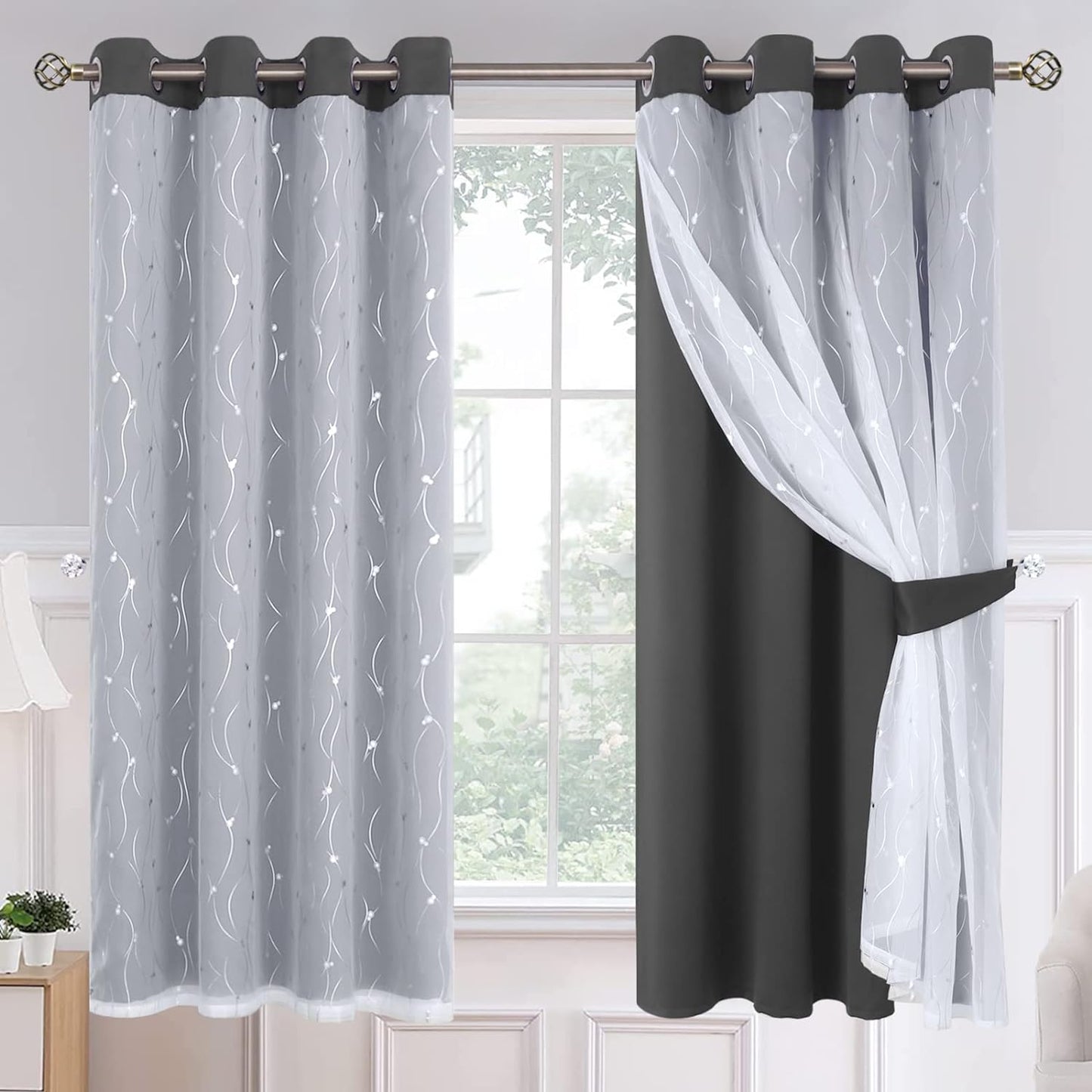 Bgment Grey Blackout Curtains with Sheer Overlay 84 Inches Long，Double Layer Silver Printed Kids Curtains Grommet Thermal Insulated Window Drapes for Living Room, 2 Panel, 52 X 84, Dark Grey  BGment Grey 52W X 63L 