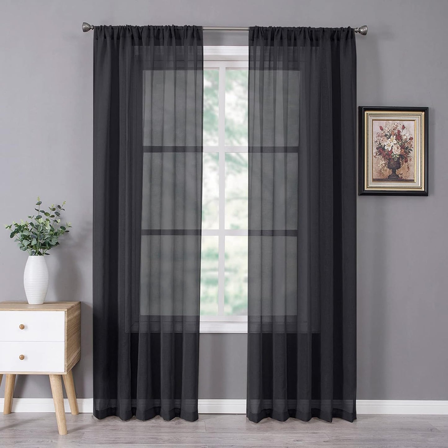 Tollpiz Short Sheer Curtains Linen Textured Bedroom Curtain Sheers Light Filtering Rod Pocket Voile Curtains for Living Room, 54 X 45 Inches Long, White, Set of 2 Panels  Tollpiz Tex Black 54"W X 72"L 