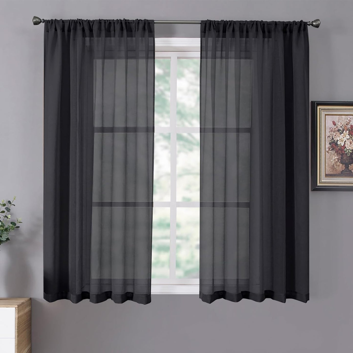 Tollpiz Short Sheer Curtains Linen Textured Bedroom Curtain Sheers Light Filtering Rod Pocket Voile Curtains for Living Room, 54 X 45 Inches Long, White, Set of 2 Panels  Tollpiz Tex Black 42"W X 54"L 