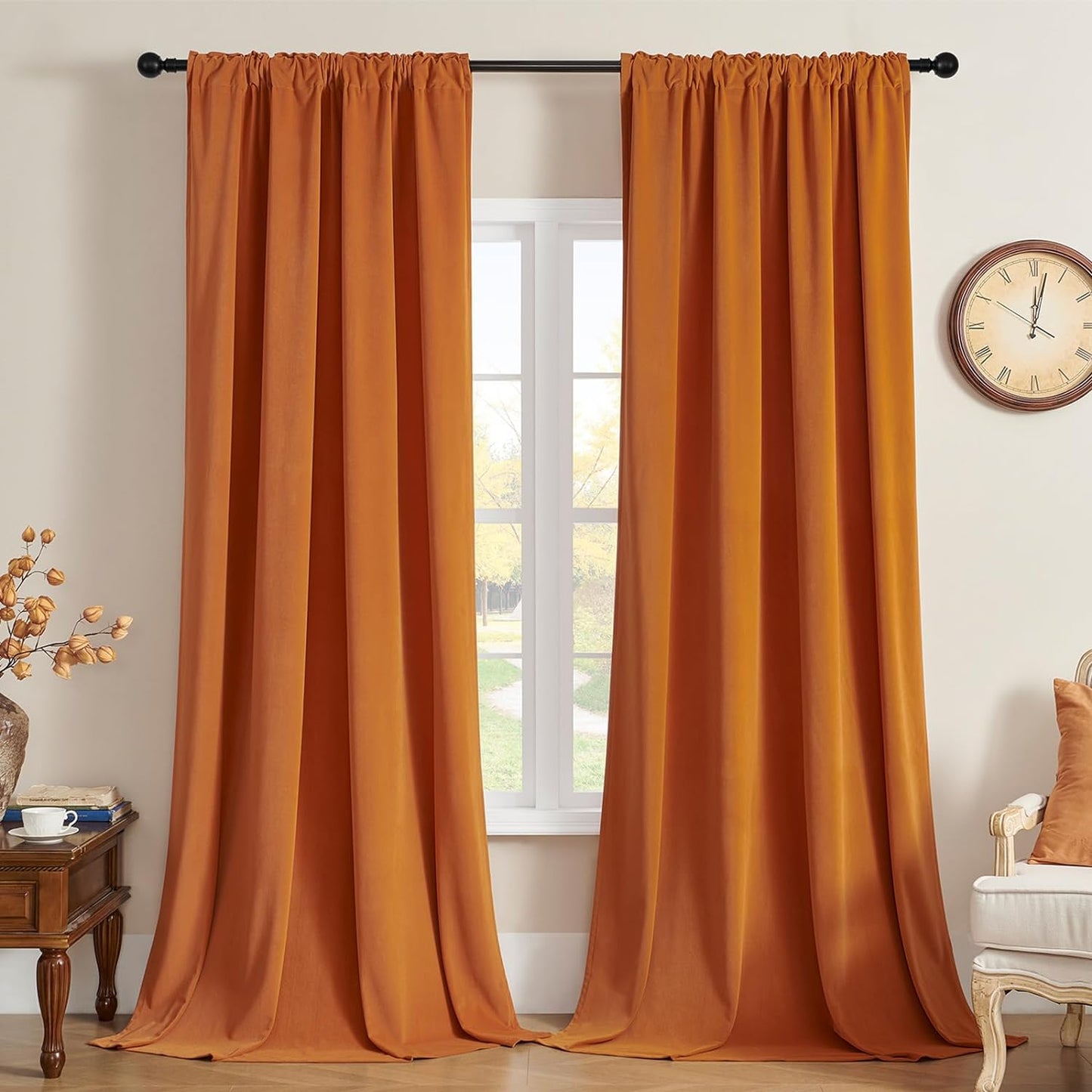 Joydeco Black Velvet Curtains 90 Inch Length 2 Panels, Luxury Blackout Rod Pocket Thermal Insulated Window Curtains, Super Soft Room Darkening Drapes for Living Dining Room Bedroom,W52 X L90 Inches  Joydeco Rod Pocket | Orange 52W X 72L Inch X 2 Panels 