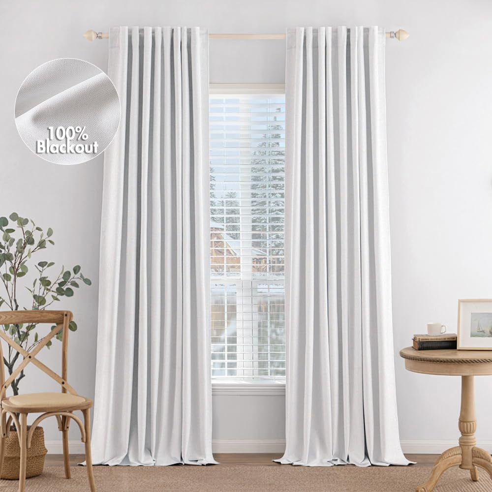 MIULEE 100% Blackout Curtains 90 Inches Long, Linen Curtains & Drapes for Bedroom Back Tab Black Out Window Treatments Thermal Insulated Room Darkening Rod Pocket, Oatmeal, 2 Panels  MIULEE White 52"W*90"L 
