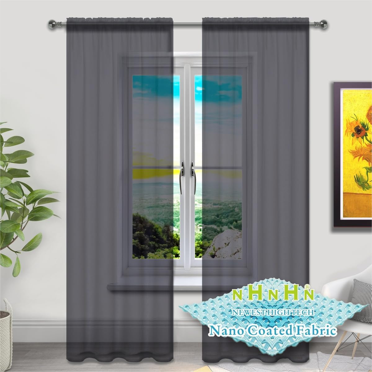 NHNHN Nano Material Coated White Sheer Curtains 84 Inches Long, Rod Pocket Window Drapes Voile Sheer Curtain 2 Panels for Living Room Bedroom Kitchen (White, W52 X L84)  NHNHN Black 52W X 72L | 2 Panels 