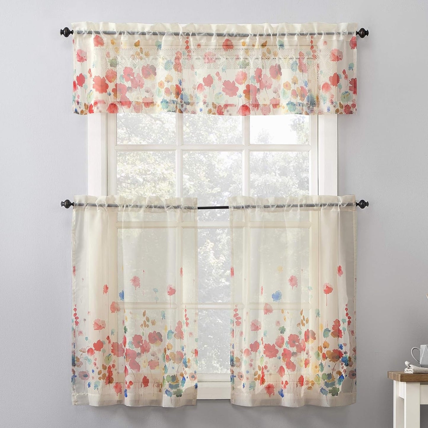 No. 918 Rosalind Watercolor Floral Semi-Sheer Rod Pocket Kitchen Curtain Valance and Tiers Set, 54" X 36", Poppy Red