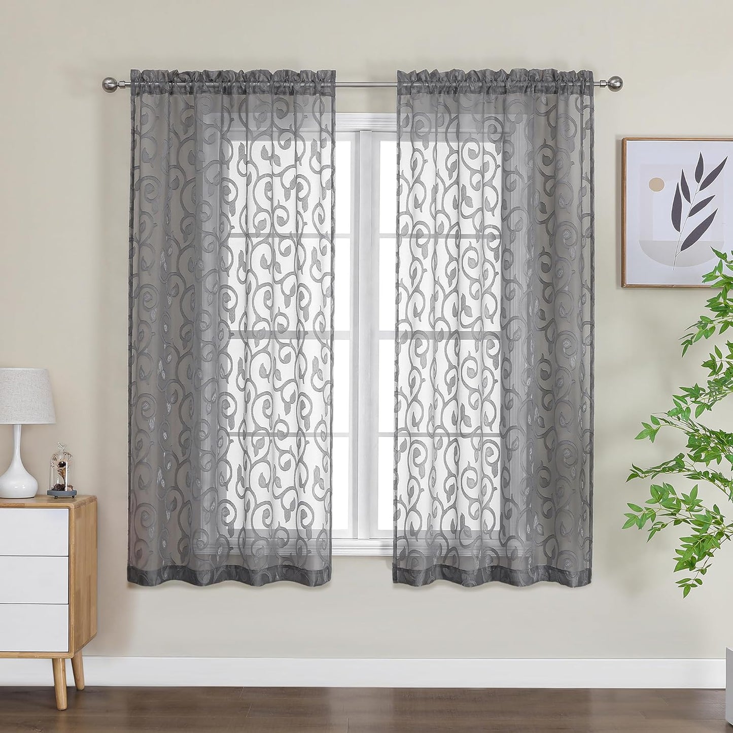 OWENIE Furman Sheer White Curtains 84 Inches Long for Bedroom Living Room 2 Panels Set, White Curtains Jacquard Clip Light Filtering Semi Sheer Curtain Transparent Rod Pocket Window Drapes, 2 Pcs  OWENIE Charcoal Gray 40W X 63L 