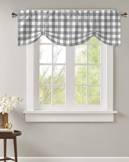 Farmhouse Gray and White Buffalo Plaid Check Tie up Valance Curtain for Kitchen-Small Window Shade Valances Adjustable Rod Pocket Windows Treatment for Bathroom Classic Lattice Grid,1 Panel 54X18In