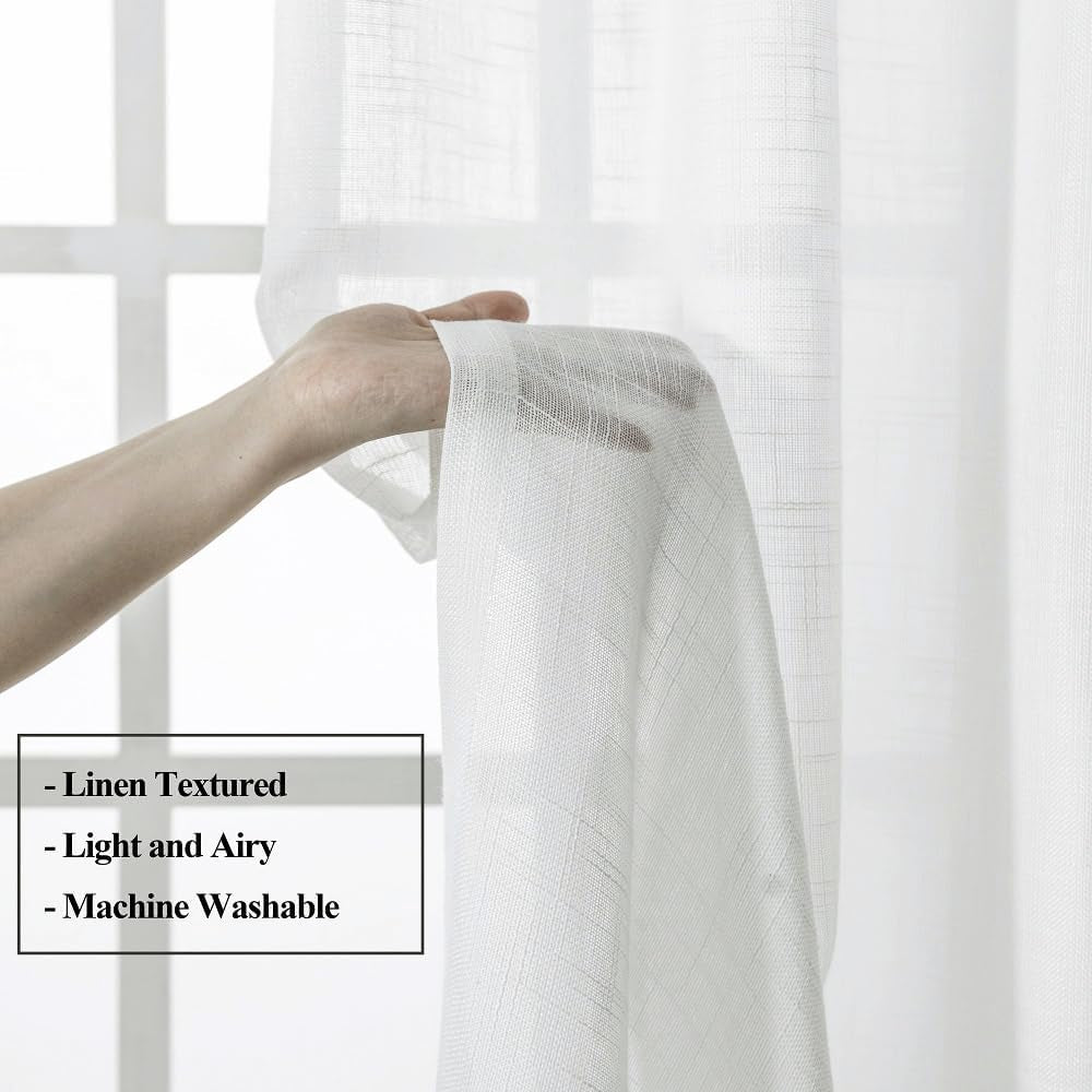 Ftinala White Sheer Curtains 108 Inches Long Faux Linen Curtains Pinch Pleated Curtains 108 Inch Curtains with Hooks for Track Modern Farmhouse Curtains for Living Room Extra Long Drapes 2 Panel Set  Ftinala   